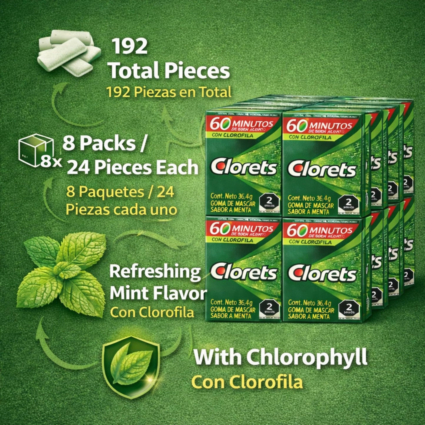 Clorets Chewing Gum Bulk - 8 Pack, 24 Pieces Each, Fresh Mint Gum With Chlorophyll, Extra Gum Pack for Long-Lasting Freshness, Ideal for Chewing Gum