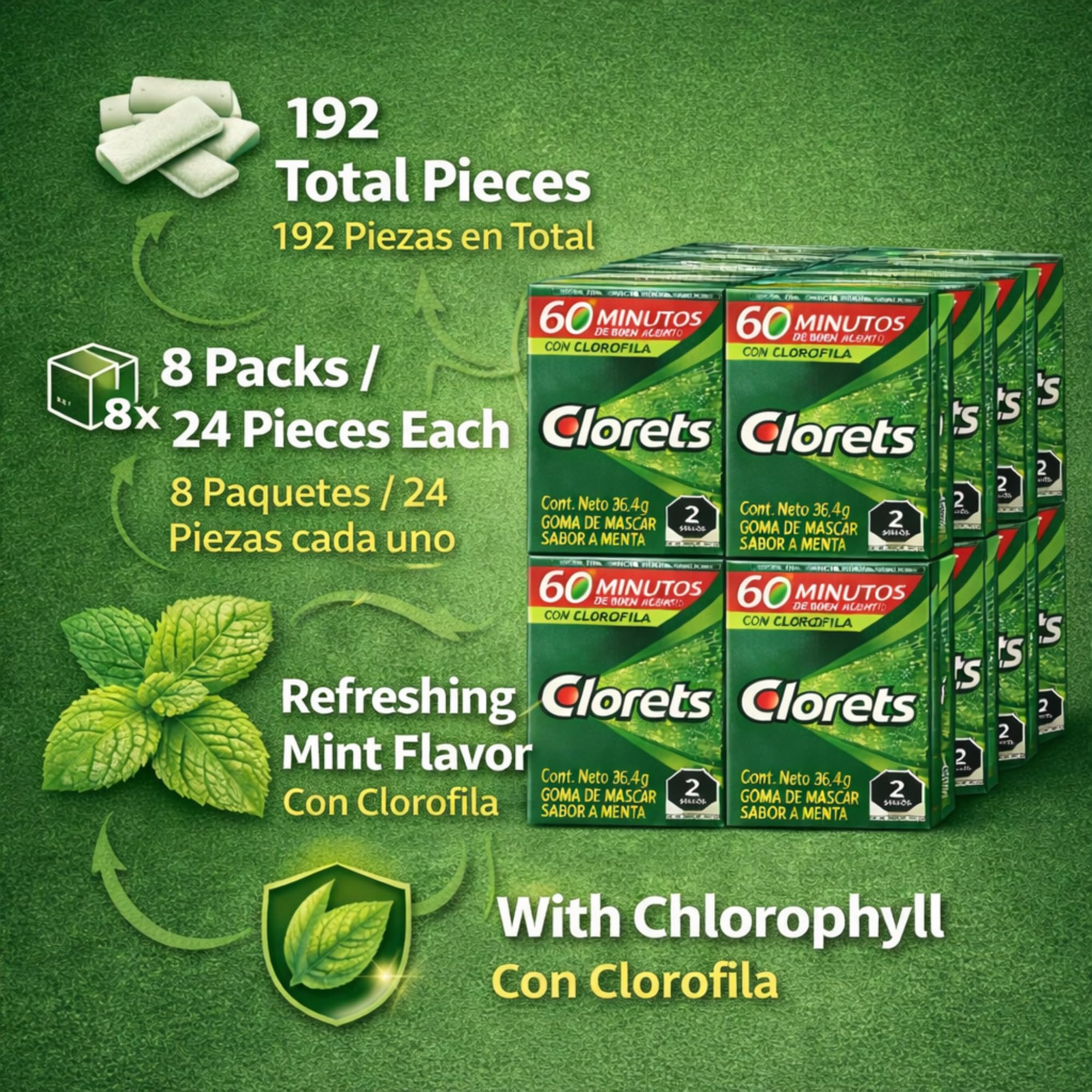 Clorets Chewing Gum Bulk - 8 Pack, 24 Pieces Each, Fresh Mint Gum With Chlorophyll, Extra Gum Pack for Long-Lasting Freshness, Ideal for Chewing Gum