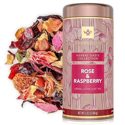 Teabloom Rose and Raspberry Loose Leaf Herbal Tea with Rose Petals & Berries | Floral Fruit Caffeine-Free Blend | Canister Makes 35-50 Cups |