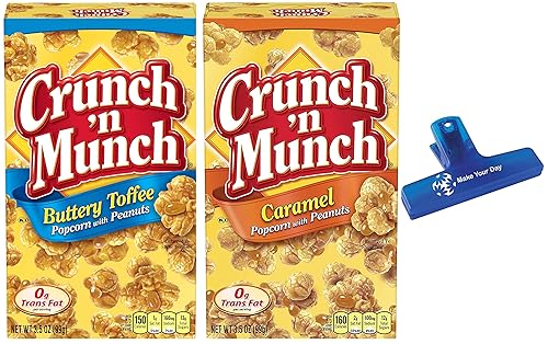 Crunch 'n Munch, Popcorn With Peanuts, Buttery Toffee and Caramel, One Box of Each with Make Your Day Bag Clip