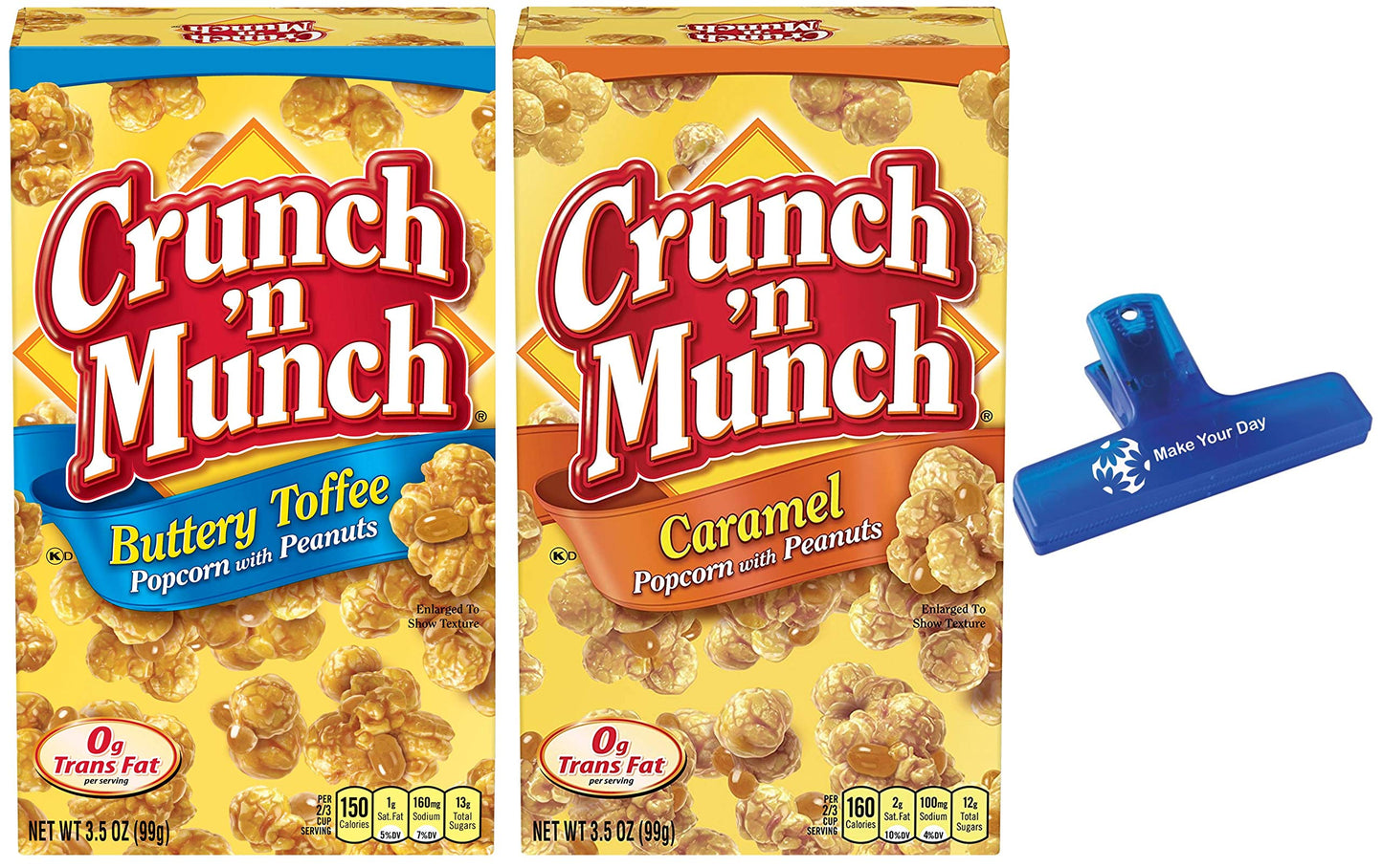 Crunch 'n Munch, Popcorn With Peanuts, Buttery Toffee and Caramel, One Box of Each with Make Your Day Bag Clip