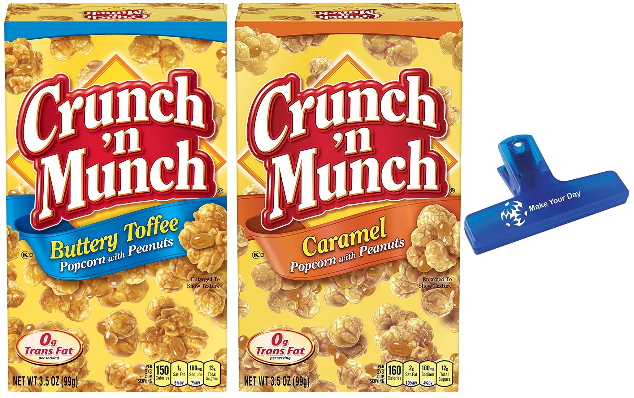 Crunch 'n Munch, Popcorn With Peanuts, Buttery Toffee and Caramel, One Box of Each with Make Your Day Bag Clip