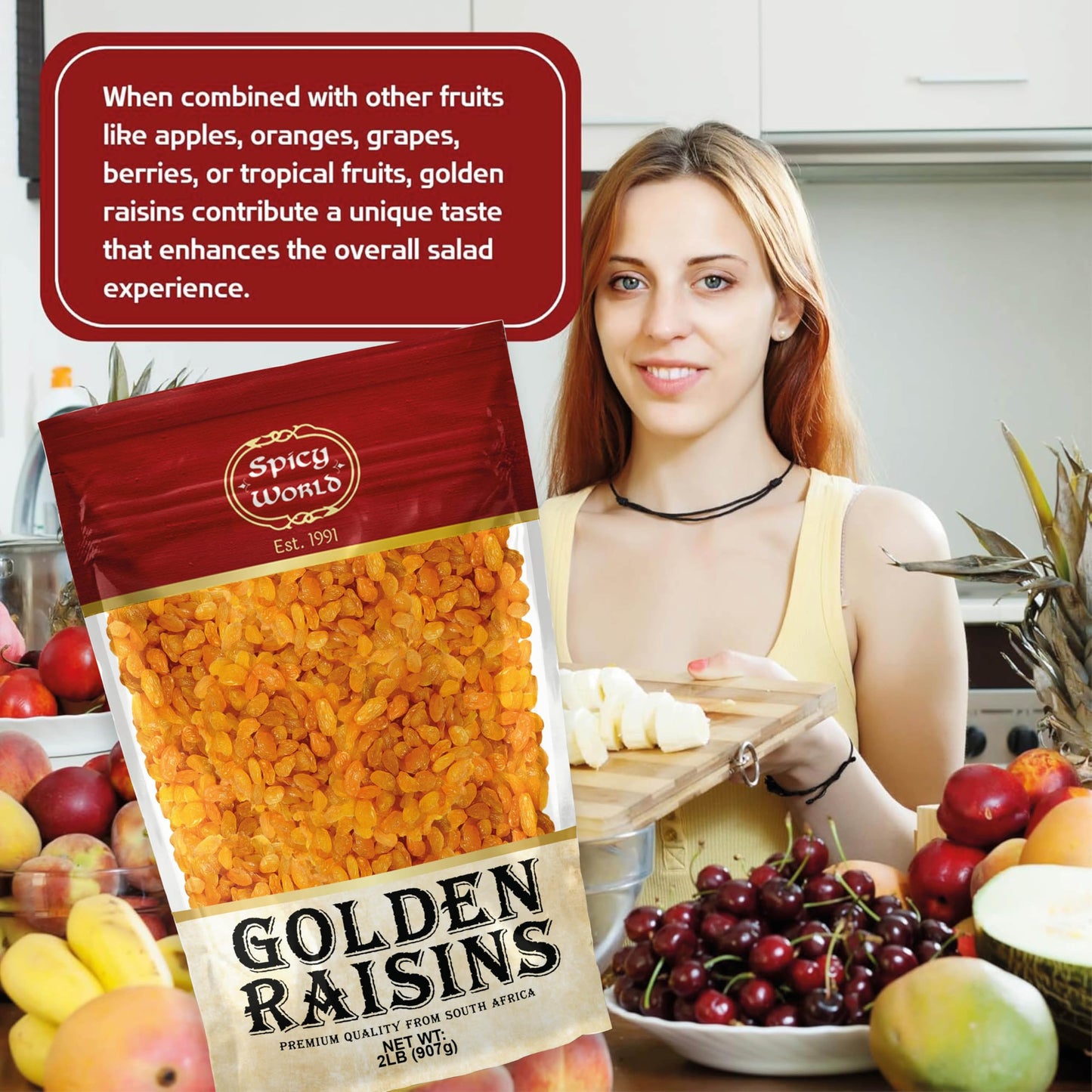 Spicy World Golden Raisins 2 LB Bulk Bag - Sweet & Seedless Sultanas from South Africa | | Perfectly Dried for Natural Sweetness | Ideal Dried Fruit