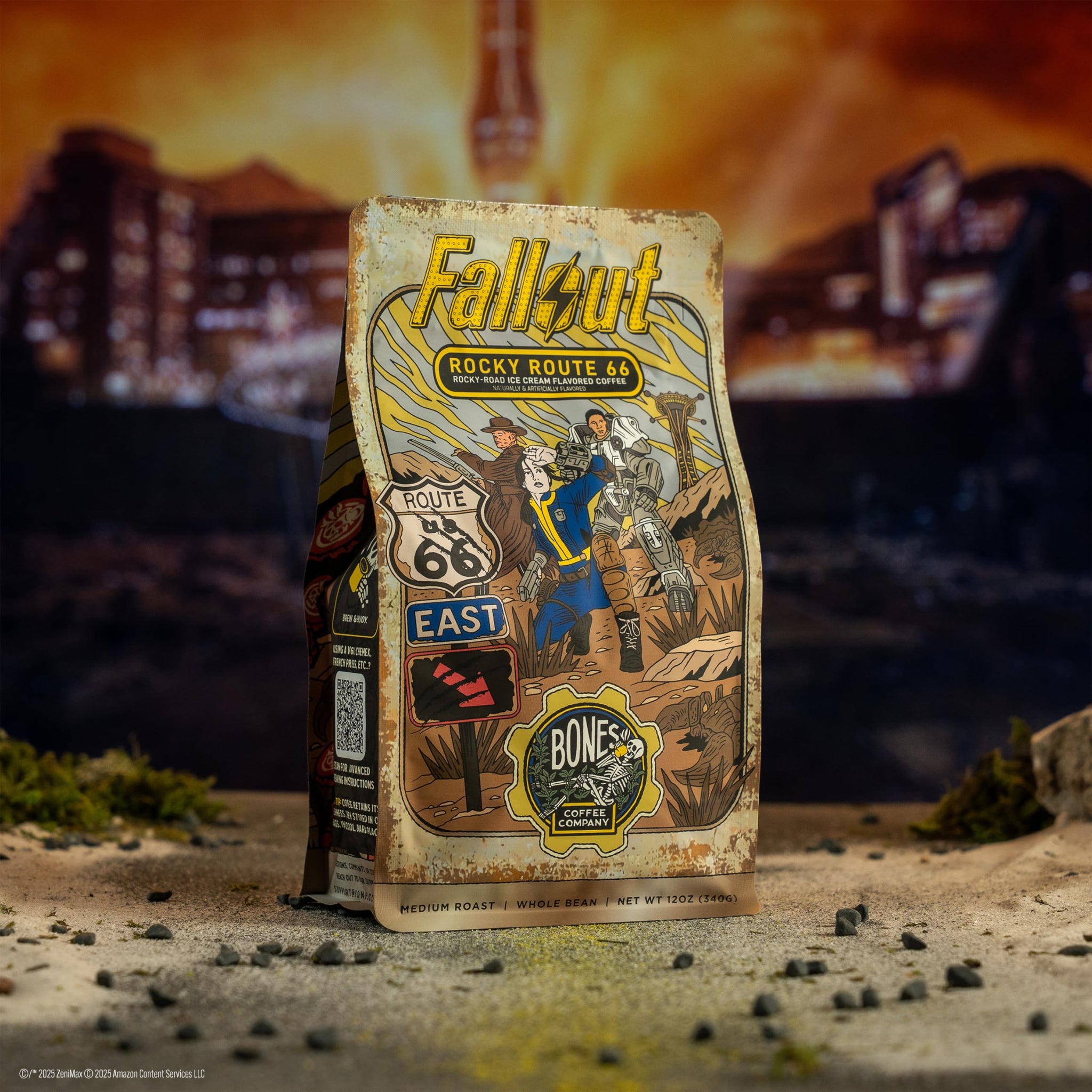 Bones Coffee Company Fallout Rocky Route 66, Rocky Road Flavored Coffee, Medium Roast Low Acid Arabica Beans Compatible with Auto drip and French