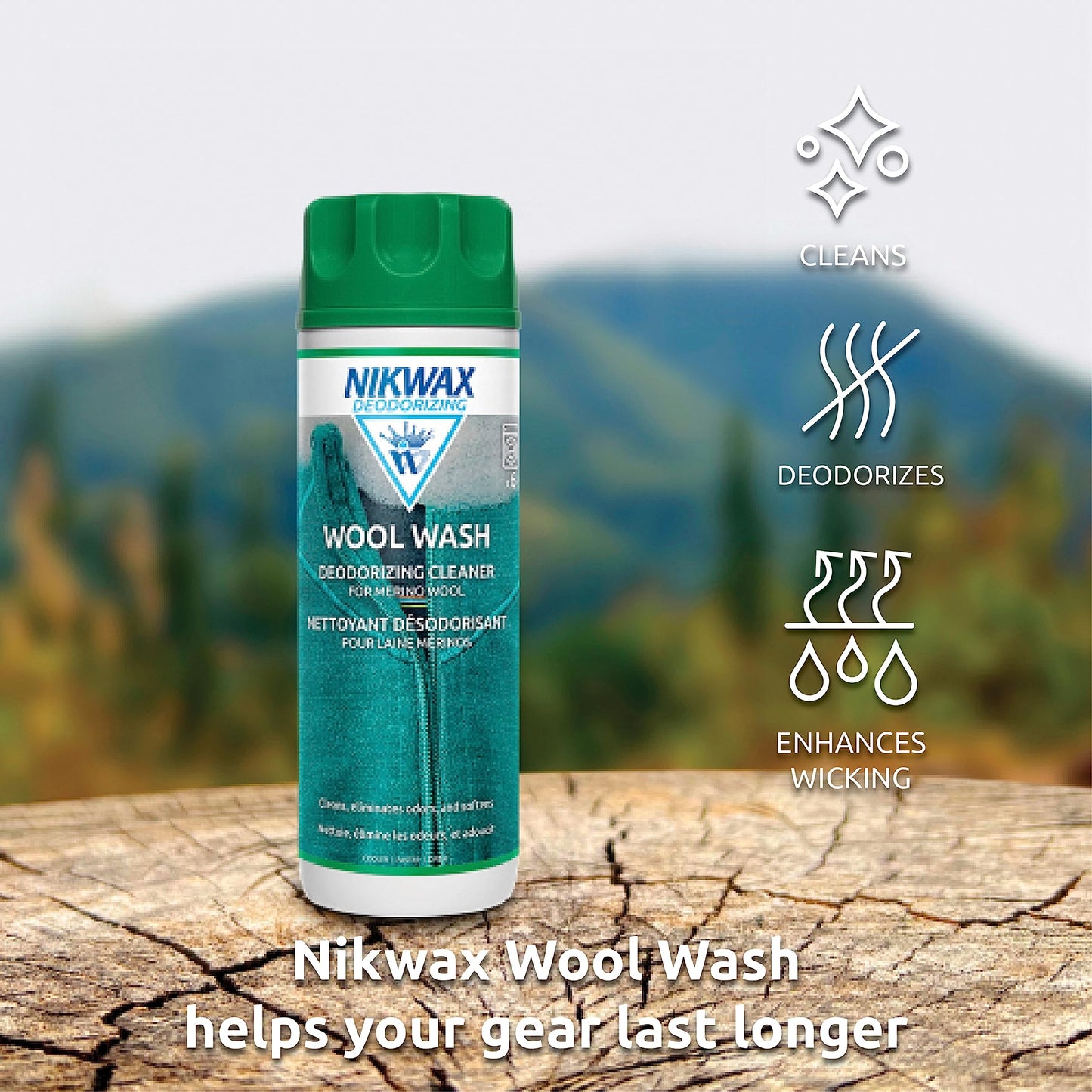Nikwax Wool Wash, 300ml, Deodorize wool items, wool layers, safely cleans merino wool base layers, active wear, socks