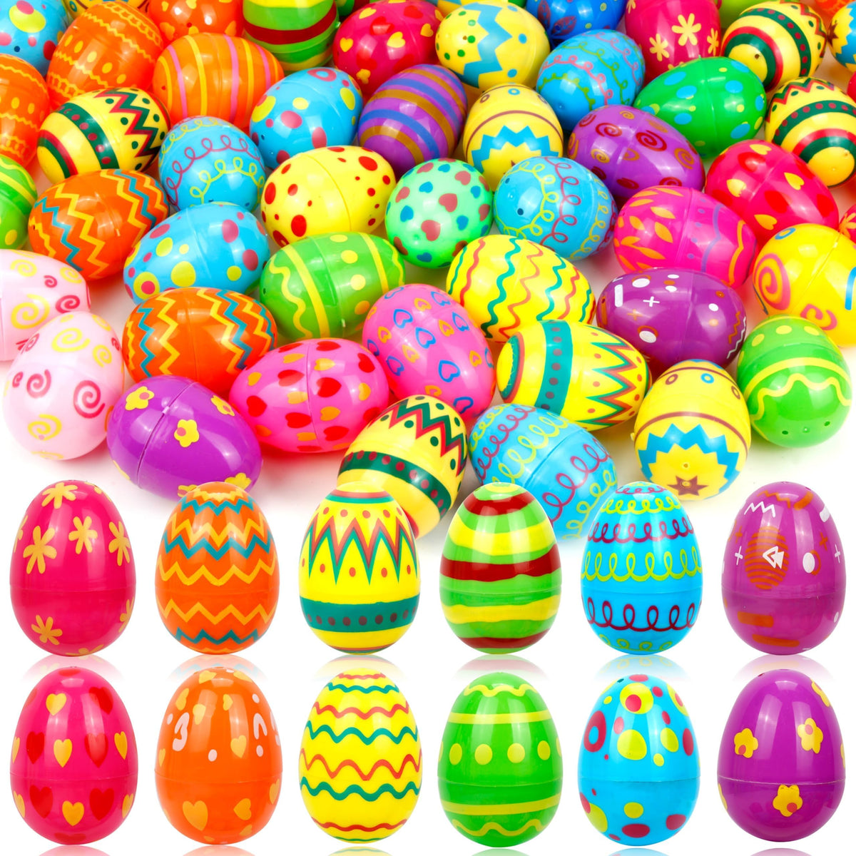 OCTERIC 120Pcs Easter Eggs Bulk, 2.3" Fillable Printed Colorful Plastic Easter Eggs Empty for Easter Hunt, Easter Basket Stuffers, Party Favor