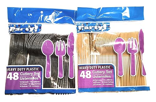 Gold & Black 1 OM Team Colors Collection Plastic Cutlery Sets - 32 Spoons, 32 Forks, 32 Knives - 2 packs of 48 each (96 pcs total)