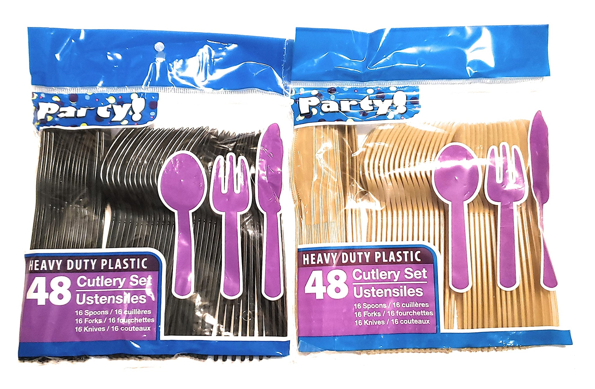 Gold & Black 1 OM Team Colors Collection Plastic Cutlery Sets - 32 Spoons, 32 Forks, 32 Knives - 2 packs of 48 each (96 pcs total)