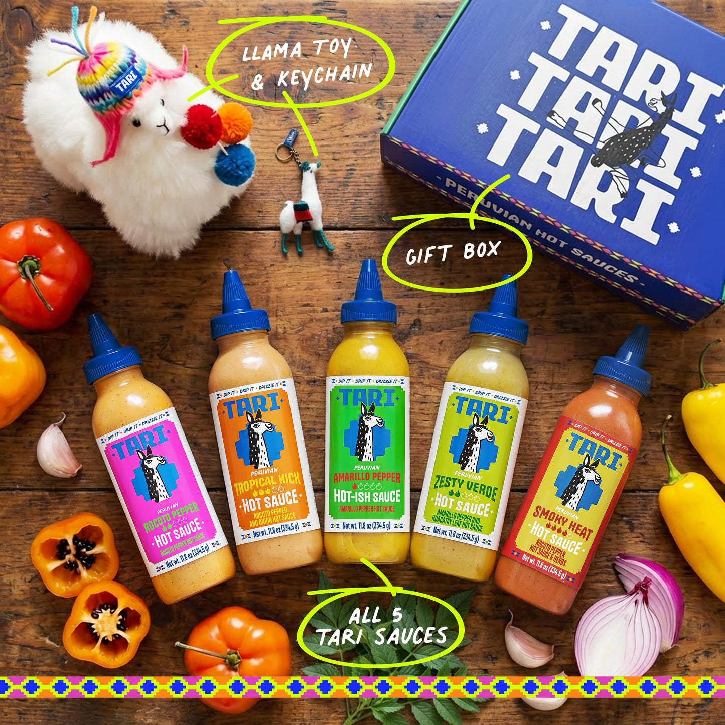 Tari Hot Sauce 5Pk Gift Box - Aji Rocoto, Aji Amarillo, Zesty Verde, Smoky Heat & Tropical Kick - 11.8oz each (5ct)