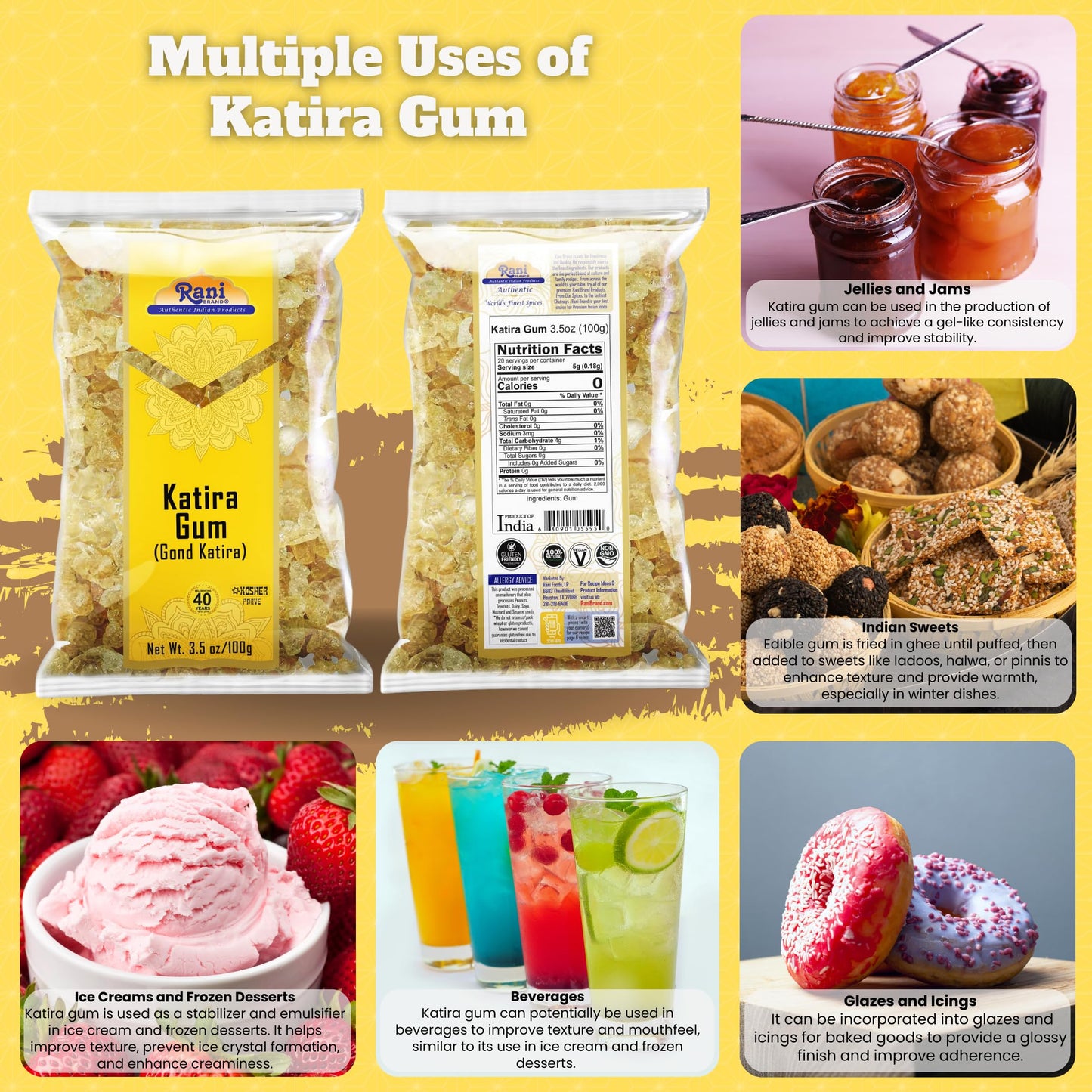 Rani Edible Gum Whole (Goonder Tragacanth Gum) 3.5oz (100g) ~ All Natural, Salt-Free | Vegan | No Colors | Gluten Friendly | NON-GMO | Kosher | Indian