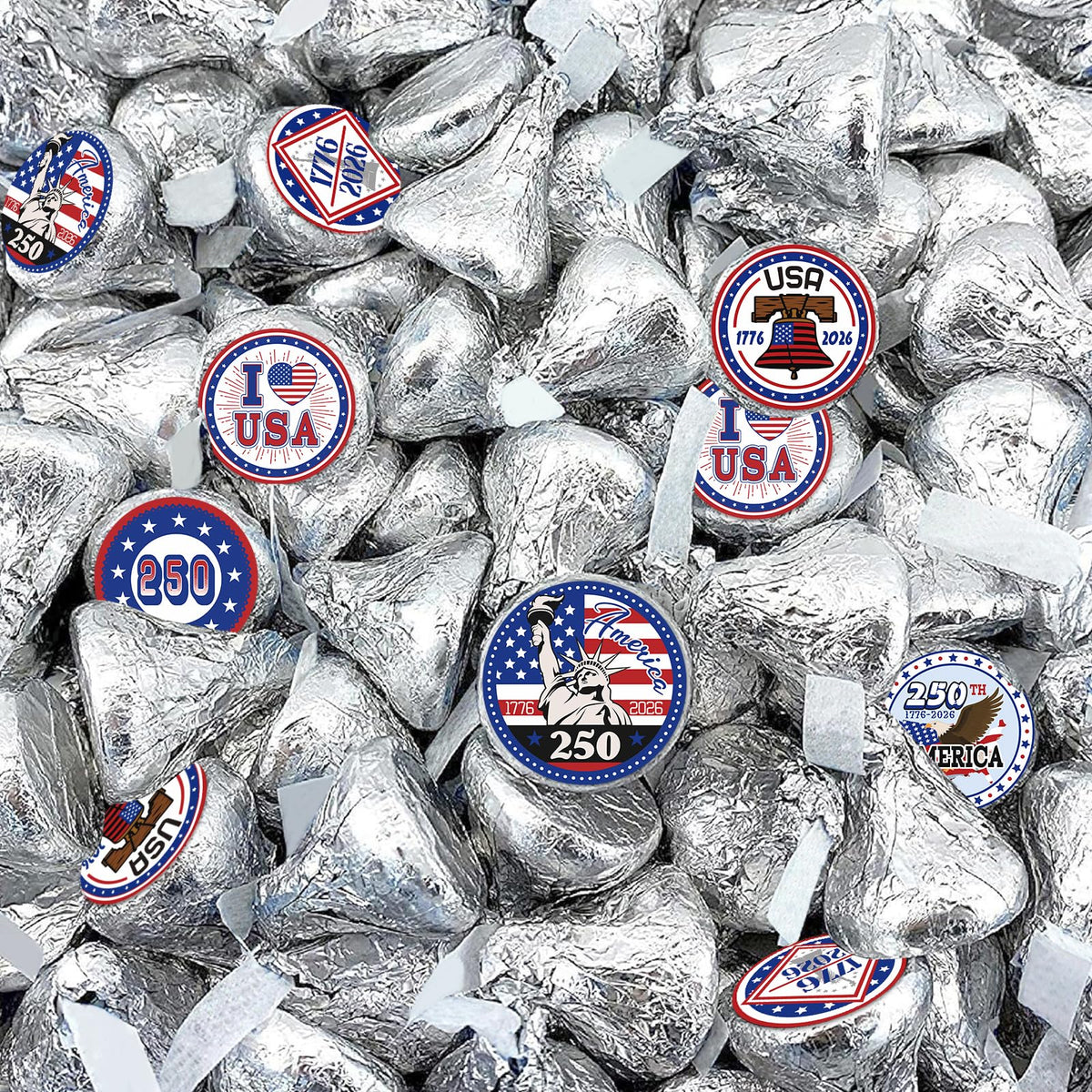 250th Anniversary Party Kiss Stickers - US 1776-2026 250 Years Birthday Freedom Label Stickers Round Mini Chocolate Candy Wrappers - 4th of July Party