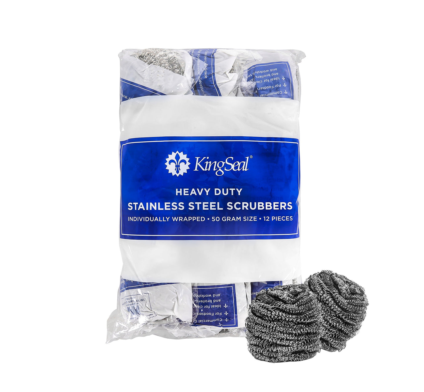 24 Count | KingSeal Stainless Steel Scrubbers, Scrub Pads, Heavy Duty, 50 gram Weight, Individually Wrapped - 2 Packs of 12 Scrubbers