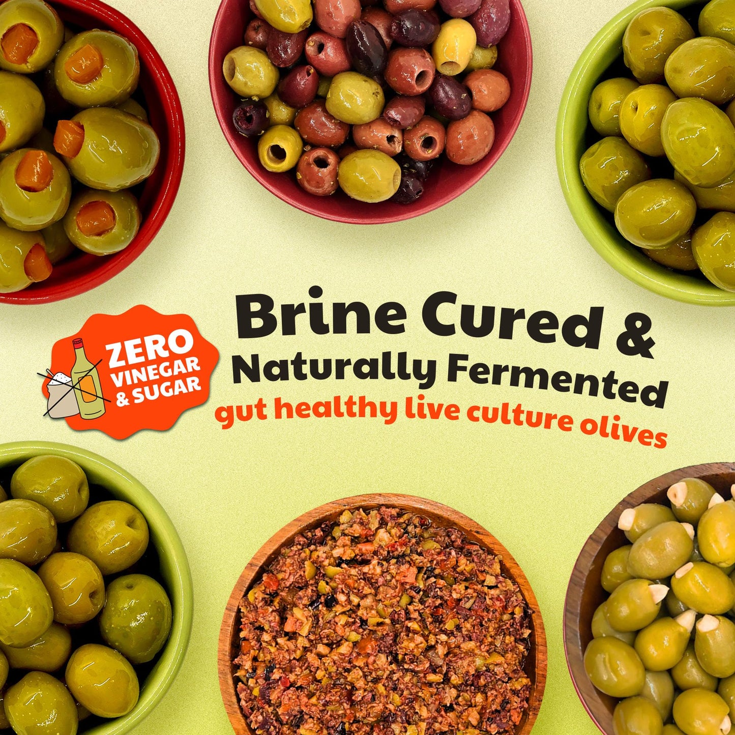 Olive My Pickle Live Culture Probiotic Mixed Olives - 6 Pack Olives Individual Packs of Butter Green Pitted Olives, Red Pepper & Garlic Stuffed Green