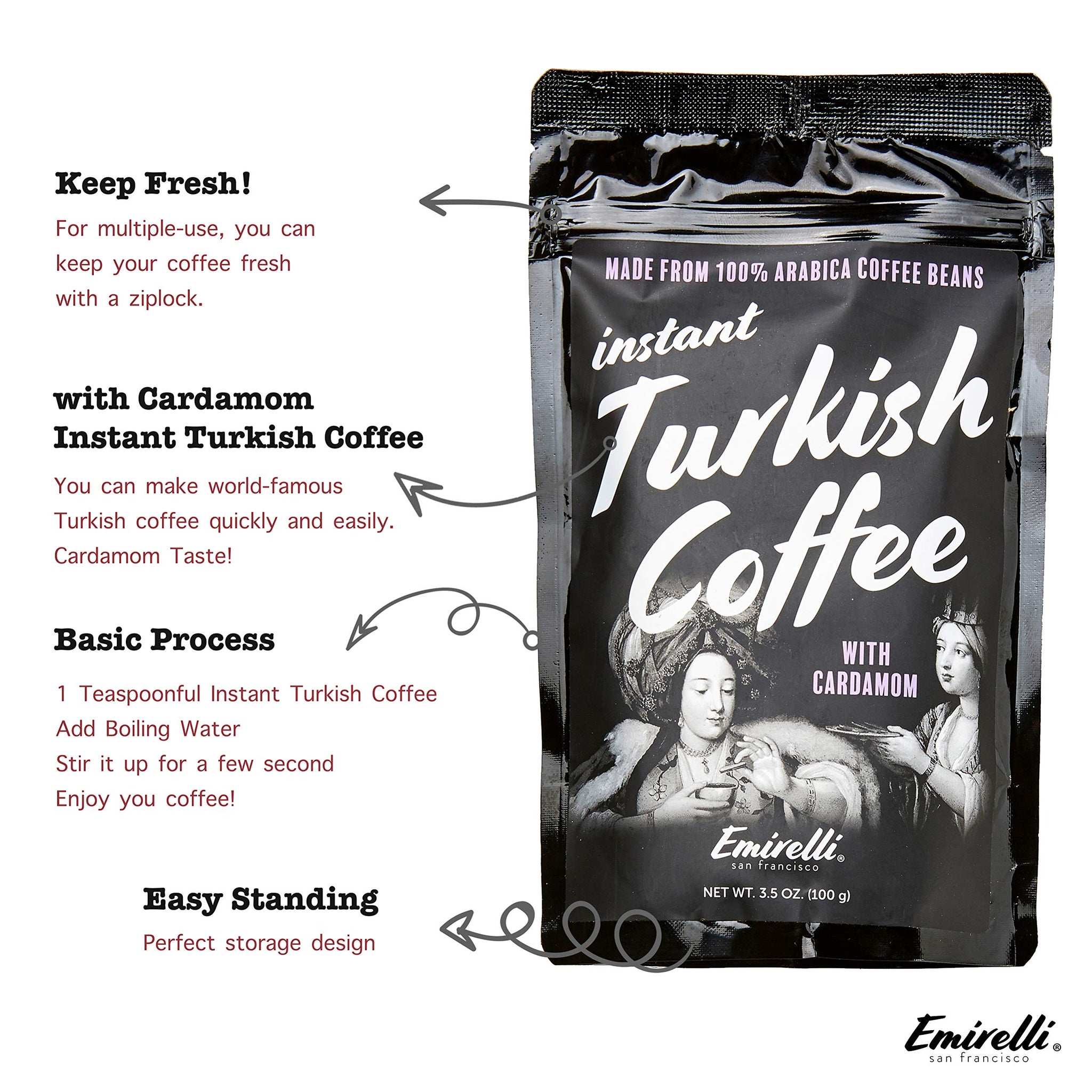 Emirelli Instant Turkish Coffee, Special Taste with Arabica Coffee Beans, Resealable Bag, 3.5 Ounce (100gr) (Cardamom)