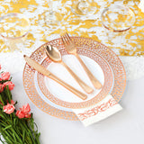 Sylans 700PCS Rose Gold Lace Disposable Dinnerware Set for 100 Guests, Plastic Plates Set Elegant Heavy Duty 200 Dinner Dessert Plates, 100