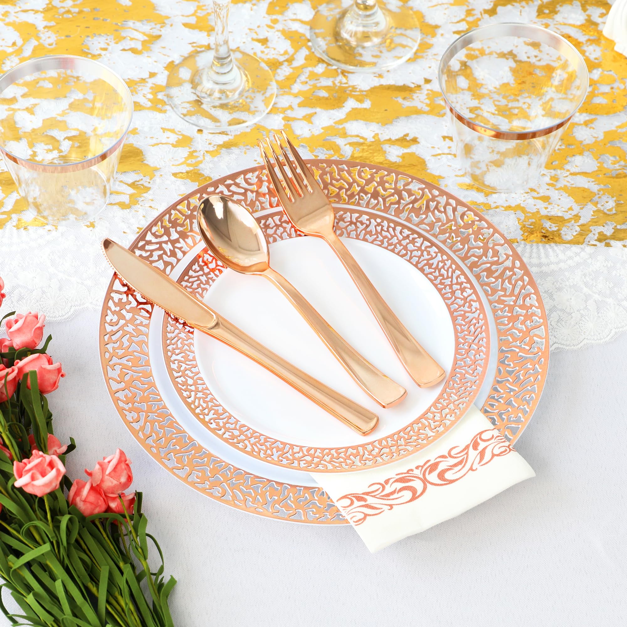 Sylans 700PCS Rose Gold Lace Disposable Dinnerware Set for 100 Guests, Plastic Plates Set Elegant Heavy Duty 200 Dinner Dessert Plates, 100