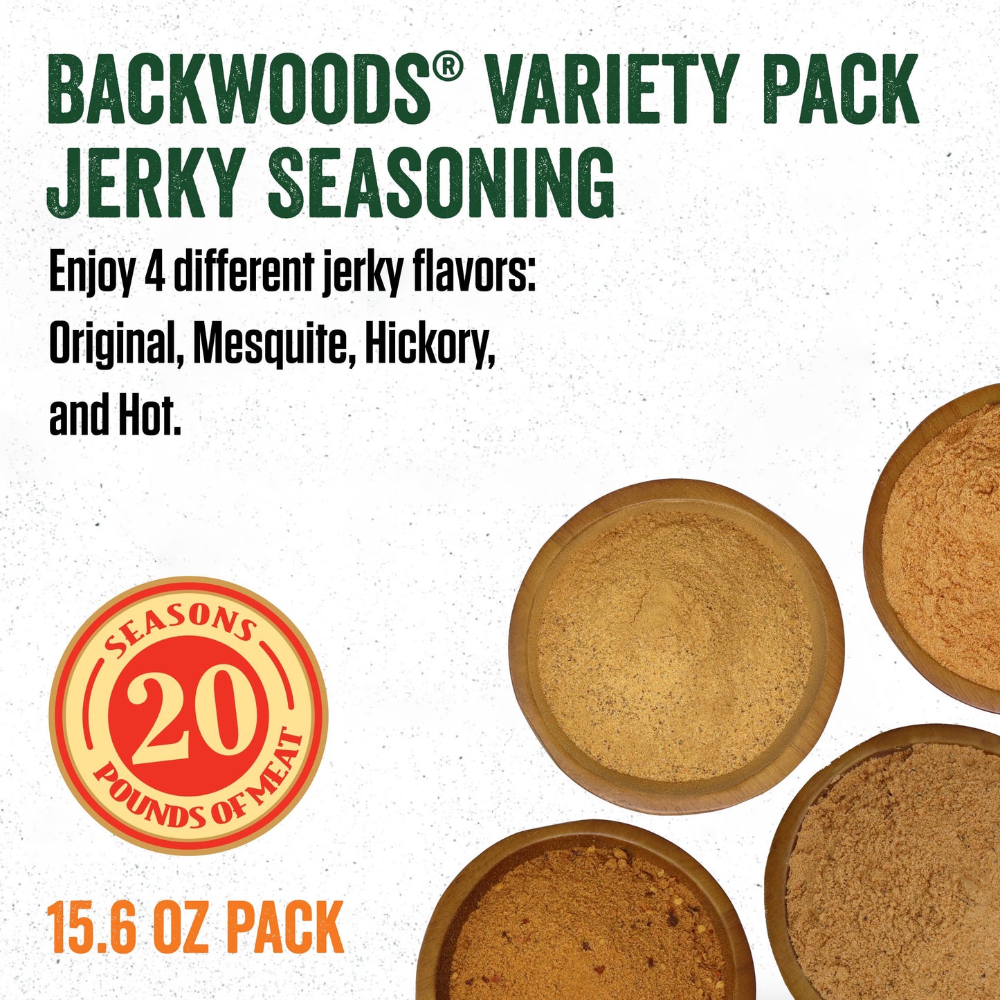 LEM Products Backwoods Jerky Seasoning Variety Pack, Includes Original, Hot, Mesquite, and Hickory Flavors, Ideal for Wild Game, 15.6 Ounce Package