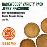LEM Products Backwoods Jerky Seasoning Variety Pack, Includes Original, Hot, Mesquite, and Hickory Flavors, Ideal for Wild Game, 15.6 Ounce Package