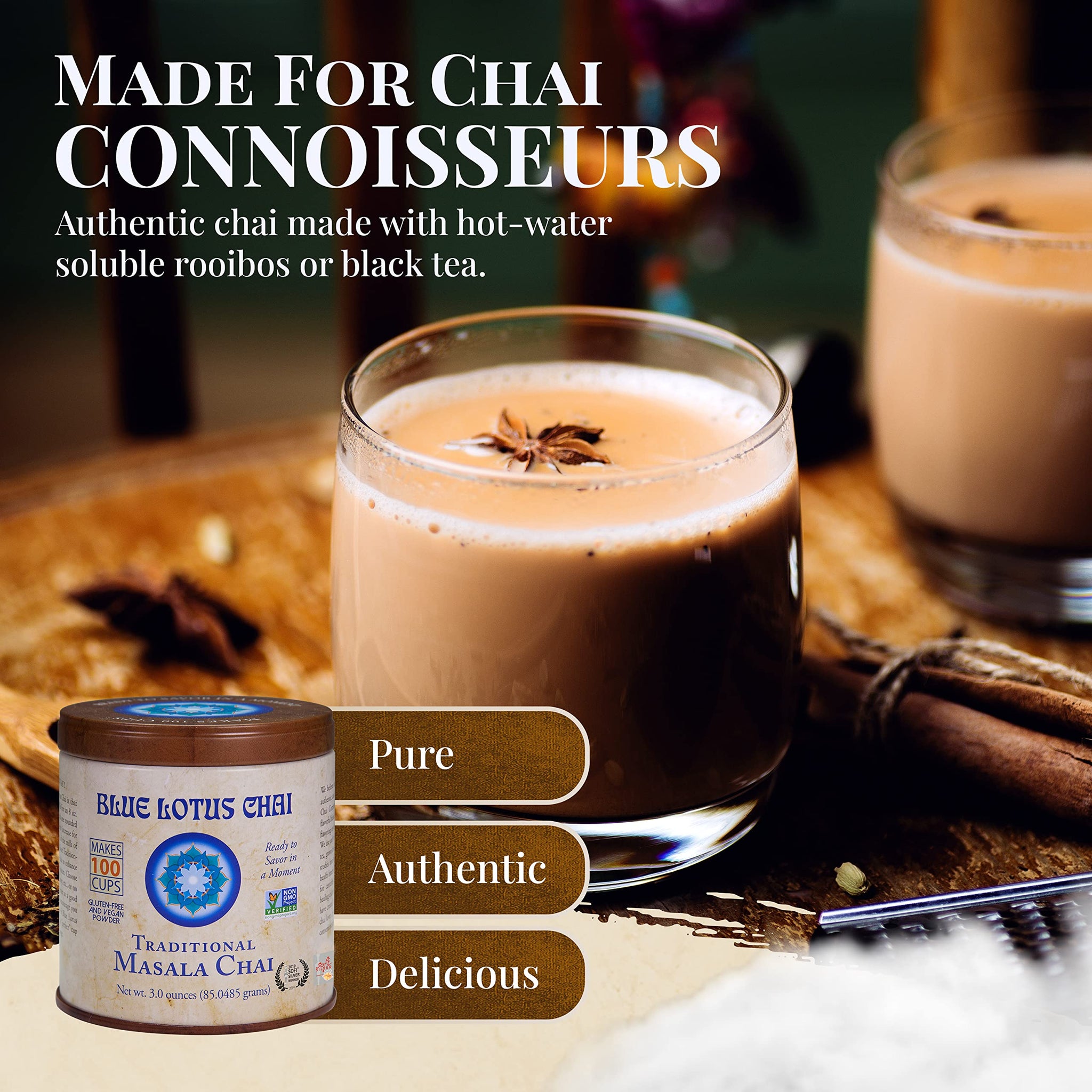 Blue Lotus Chai - Traditional Masala Chai - Makes 100 Cups - 3 Ounce Masala Spiced Chai Powder with Organic Spices - Instant Indian Tea No Steeping