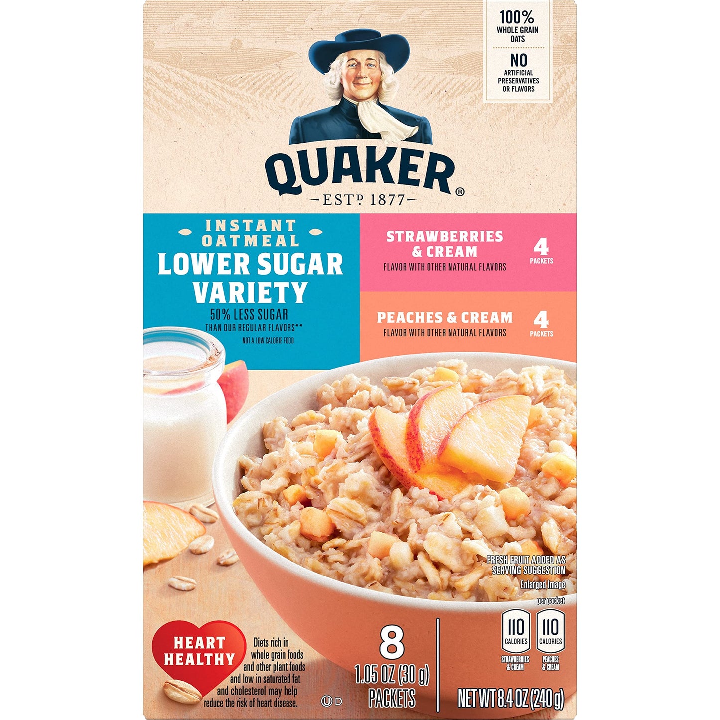 Quaker - Hot Cereal Instant Oatmeal Lower Sugar, Fruit & Cream Variety Pack, (8 Pack)