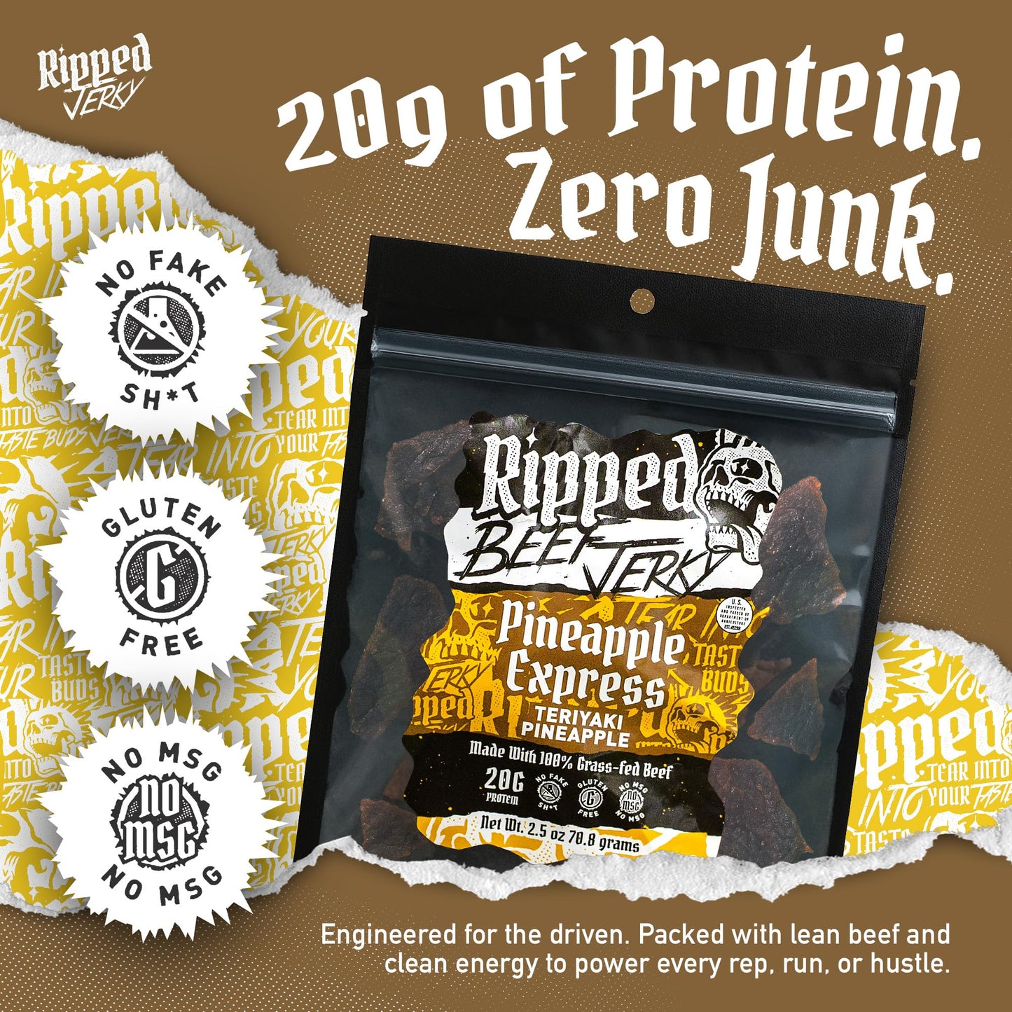 Ripped Beef Jerky - 100% Grass Fed Beef, 20g Protein, Real Ingredients, Gluten Free, No MSG, Made in USA (Pack of 3, Pineapple)