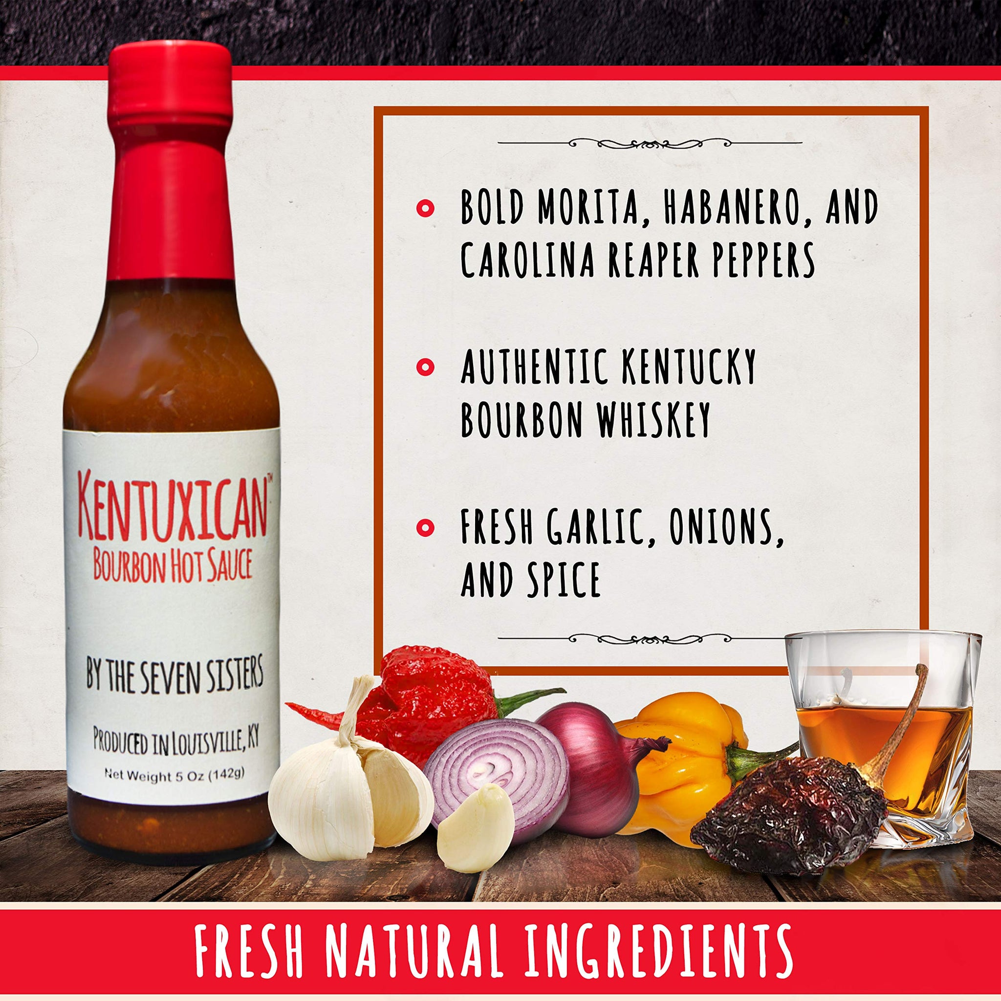 Kentuxican Bourbon Hot Sauce - Premium Mexican Hot Sauce Made with Authentic Kentucky Bourbon, Habanero, Carolina Reaper, Chile de Arbol - Natural