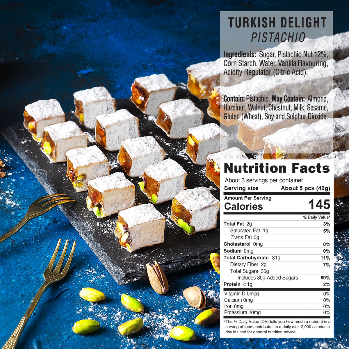 HazerBaba Turkish Delight Pistachio Candy, 4.4oz (Pack of 1), Lokum