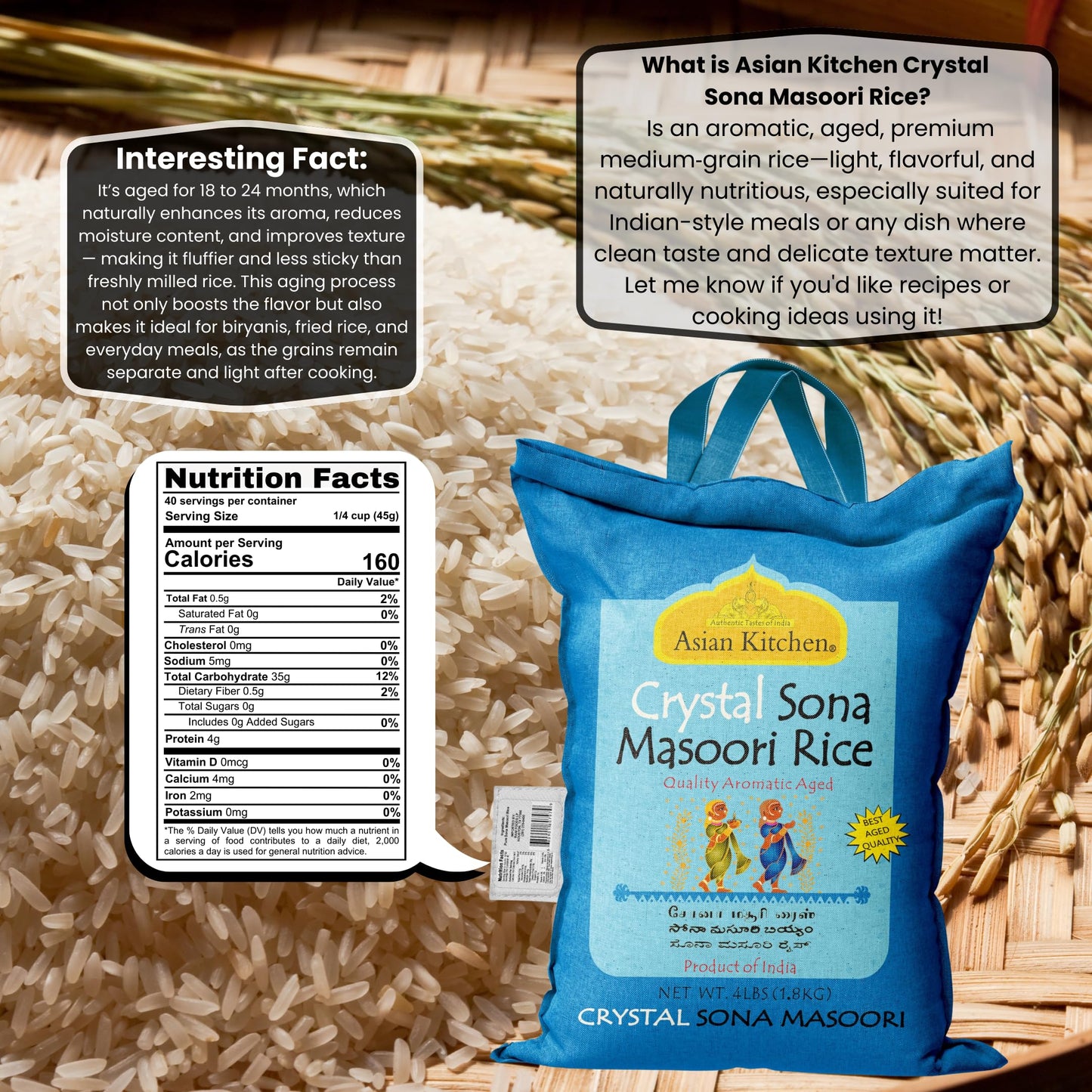 Asian Kitchen Crystal Sona Masoori Aged Rice 4-Pound Bag, 4lbs (1.81kg) Short Grain Rice ~ All Natural | Gluten Friendly | Vegan | Kosher | Indian