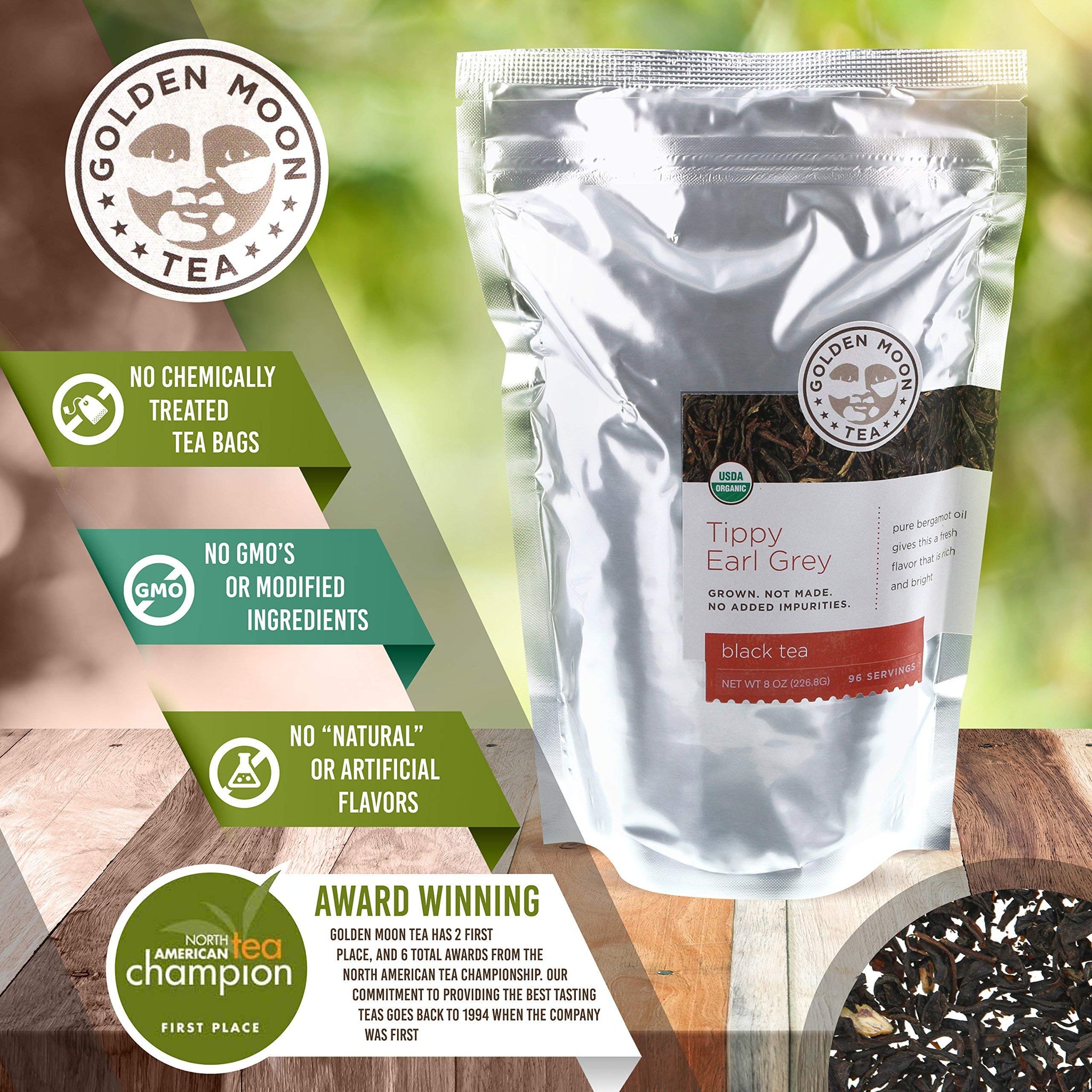 Golden Moon Tea Tippy Earl Gray Tea - Organic Black Tea - Real Bergamot Peels & Extract - Loose Leaf, Non-GMO - Half Pound (96 Servings)