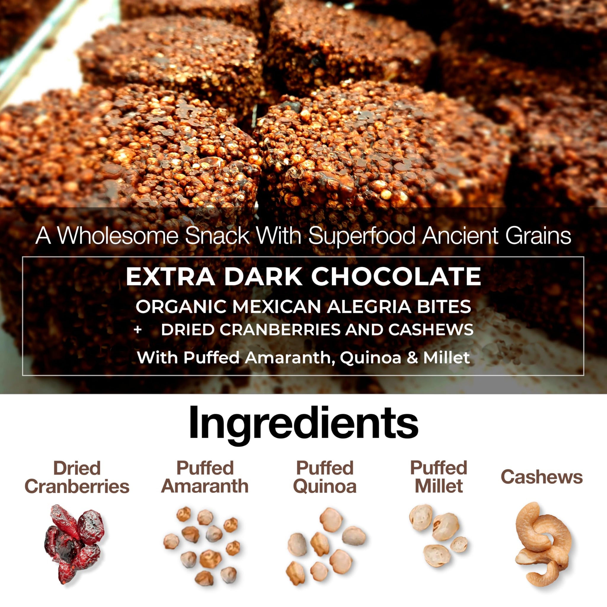 Paktli Organic Alegría Bites 4-Pack - Extra Dark Chocolate with Cranberries & Cashews, Four 2oz Bags, Organic Ancient Grain Snack, Non-GMO