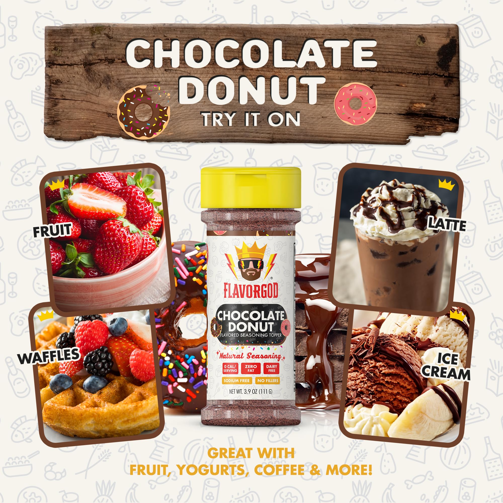 Chocolate Donut Topper Seasoning Mix by Flavor God - Zero Calorie Seasoning for Ice Cream, Donuts, Coffee, Cookies, Popcorn, Pancakes, & Snacks - Low