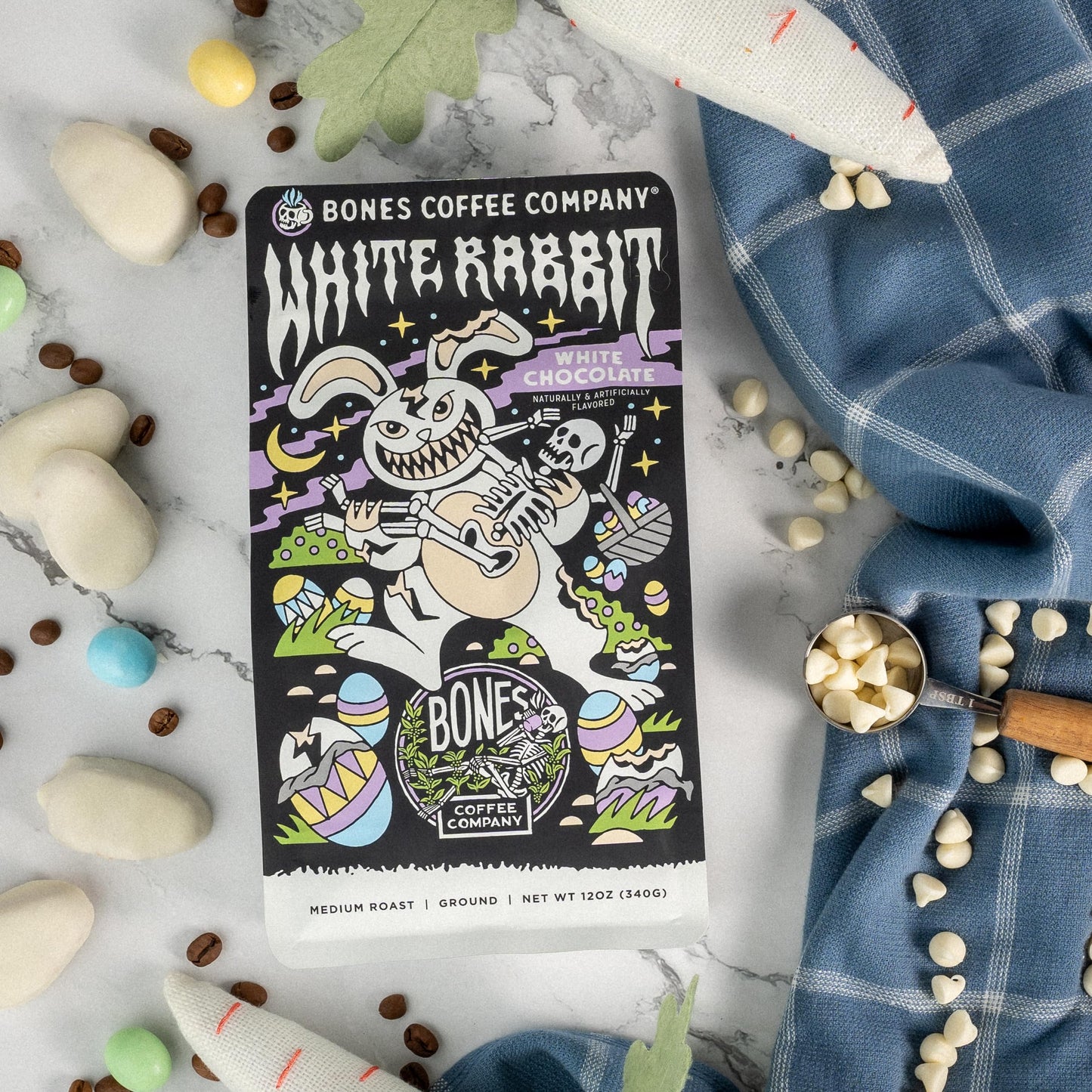 Bones Coffee Company White Rabbit, White Chocolate Flavored Coffee, Medium Roast Low Acid Arabica Beans Compatible with Auto drip and French Press