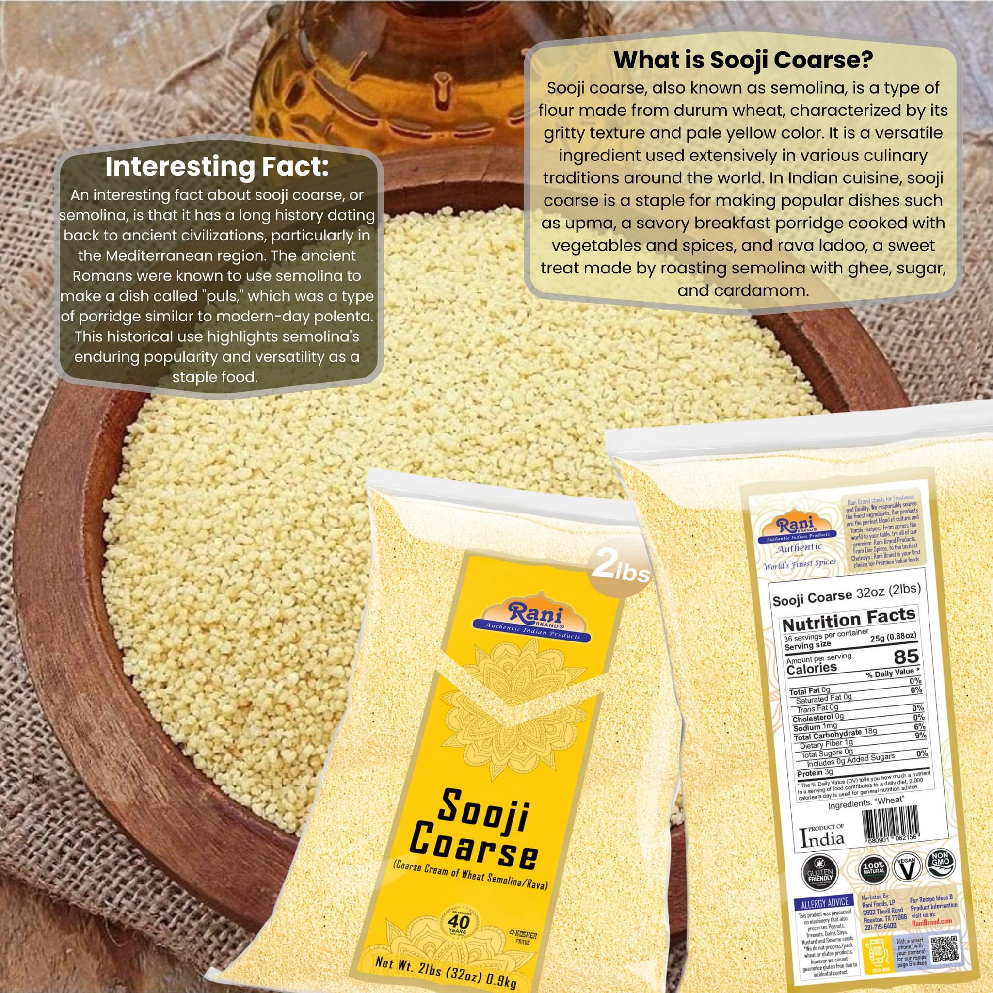 Rani Sooji Coarse (Farina, Suji, Rava, Rawa, Wheat Semolina) Flour 32oz (2lbs) 908g ~ All Natural | Vegan | NON-GMO | Indian Origin
