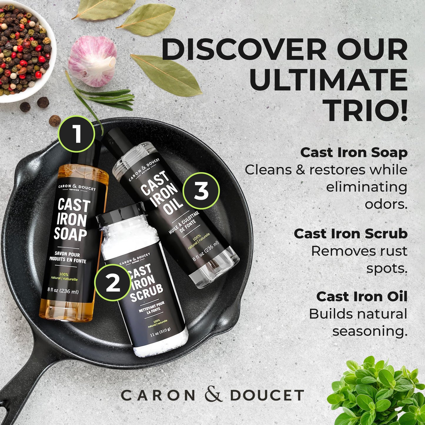 CARON & DOUCET - Ultimate Cast Iron Set: Seasoning Oil, Cleaning Soap & Restoring Scrub | 100% Plant-Based & Best for Cleaning Care, Washing