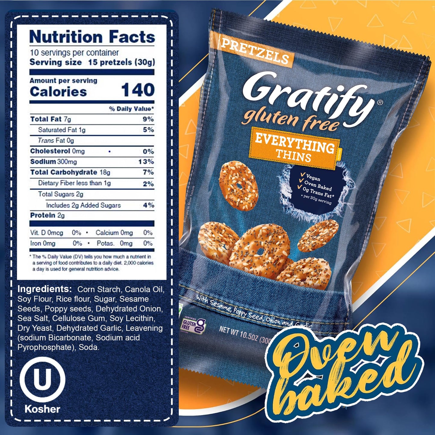 Osem Gratify Gluten Free Everything Thins - Gratify Gluten Free Pretzel Crisps, GF Party Snack Bags, Thins with Onion & Garlic Seasoning - 10.5 oz Bag