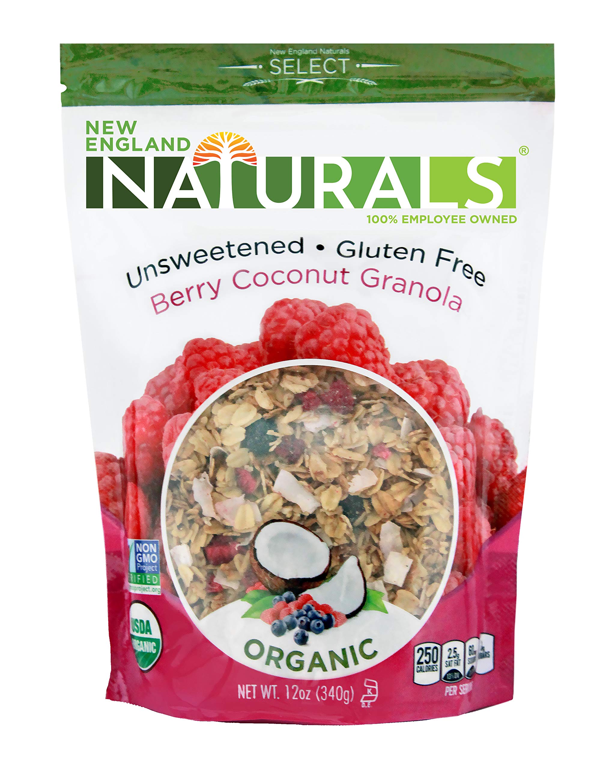New England Naturals Organic Unsweetened Gluten-Free Berry Coconut Granola, 12 Ounce Pouch Berry Coconut High Fiber Omega-3 Granola Breakfast Cereal