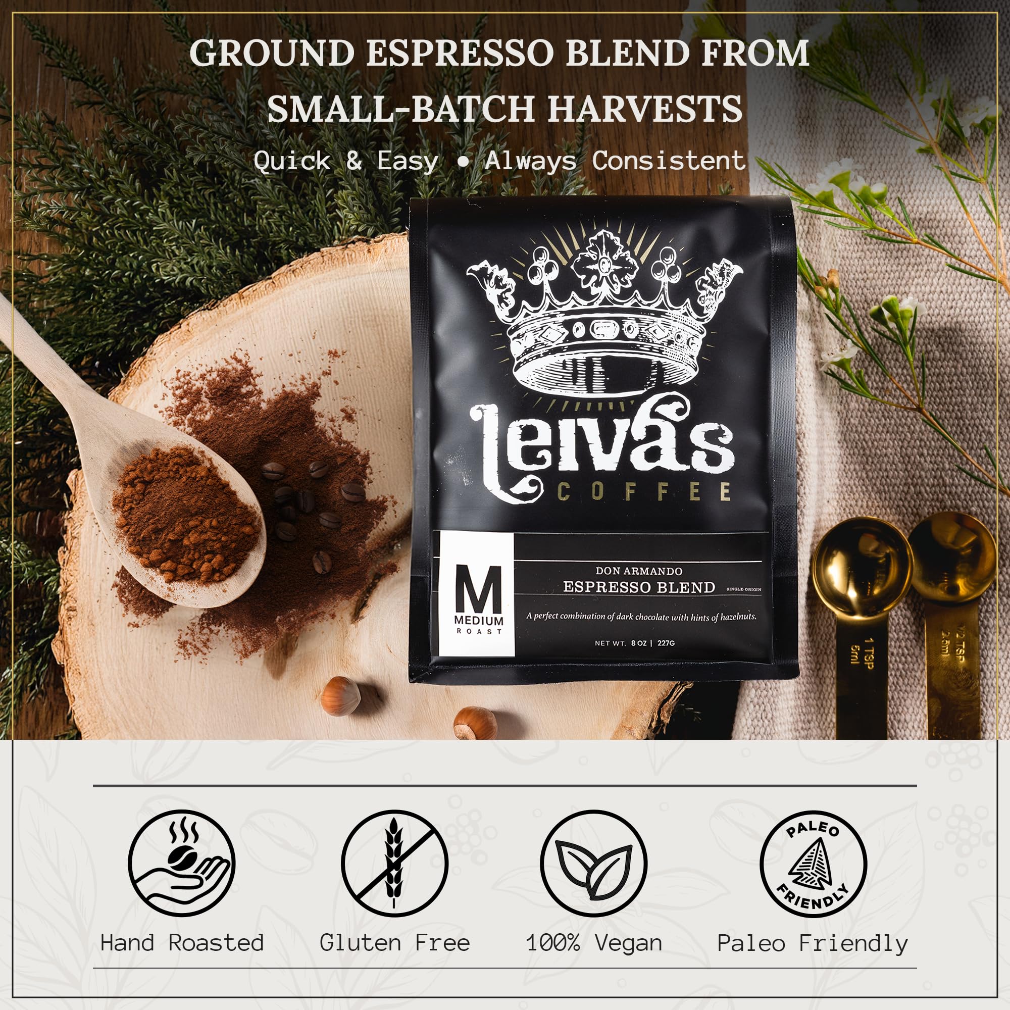 Leiva’s Medium Roast Espresso Ground (8oz), Freshly Roasted, Micro-Lot Guatemalan Coffee Beans - Don Armando Espresso Coffee Ground w/Chocolate