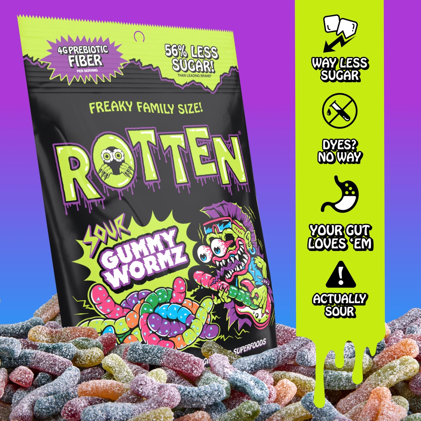 Rotten Sour Gummy Worms - Low Sugar, Low Calorie, 7g Gut-Friendly Prebiotic Fiber and 3g Protein, Gluten Free Candy - 5.3 oz Share Pack