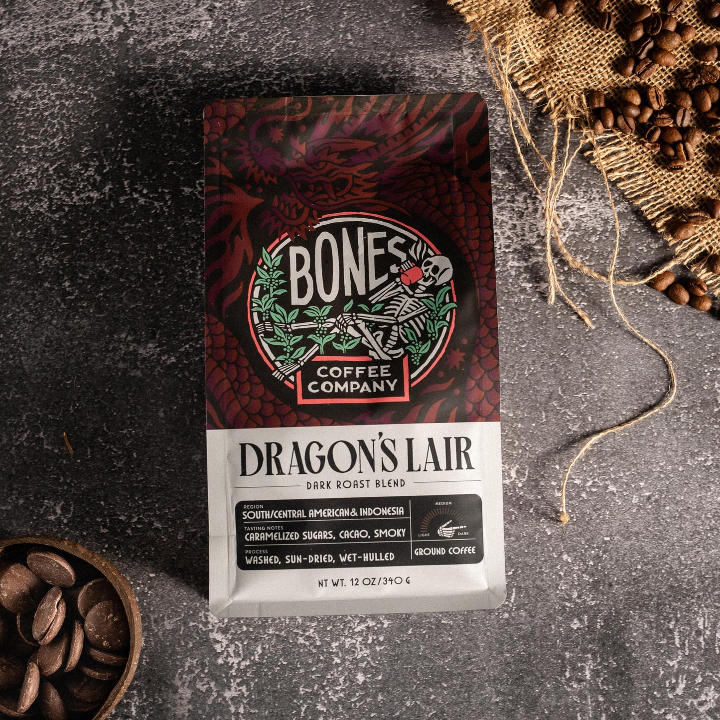 Bones Coffee Company Dragon's Lair - Dark Roast Coffee - Whole Bean - Low-Acid Arabica Coffee Beans - South/Central America and Indonesia Grown