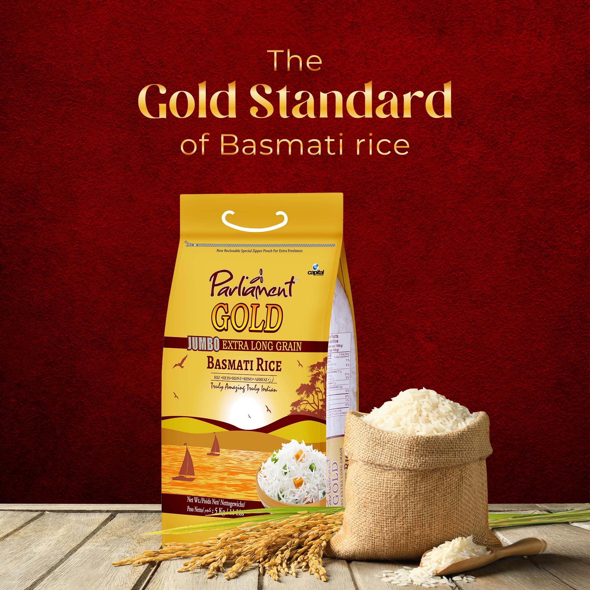 Parliament Gold Jumbo Extra Long Basmati Rice Beyond 8mm Indian Risotto All Natural Vegan Gluten Friendly NON-GMO Aged Perfection Luxurious Taste Product of India 2Lbs