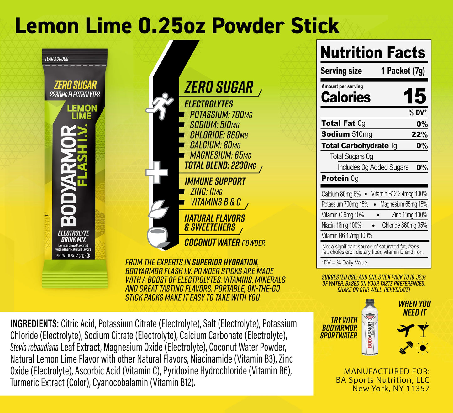 BODYARMOR Flash IV Electrolyte Packets, Strawberry Kiwi, Lemon Lime, & Tropical Punch Variety Pack - Zero Sugar Drink Mix, Single Serve Packs, Coconut