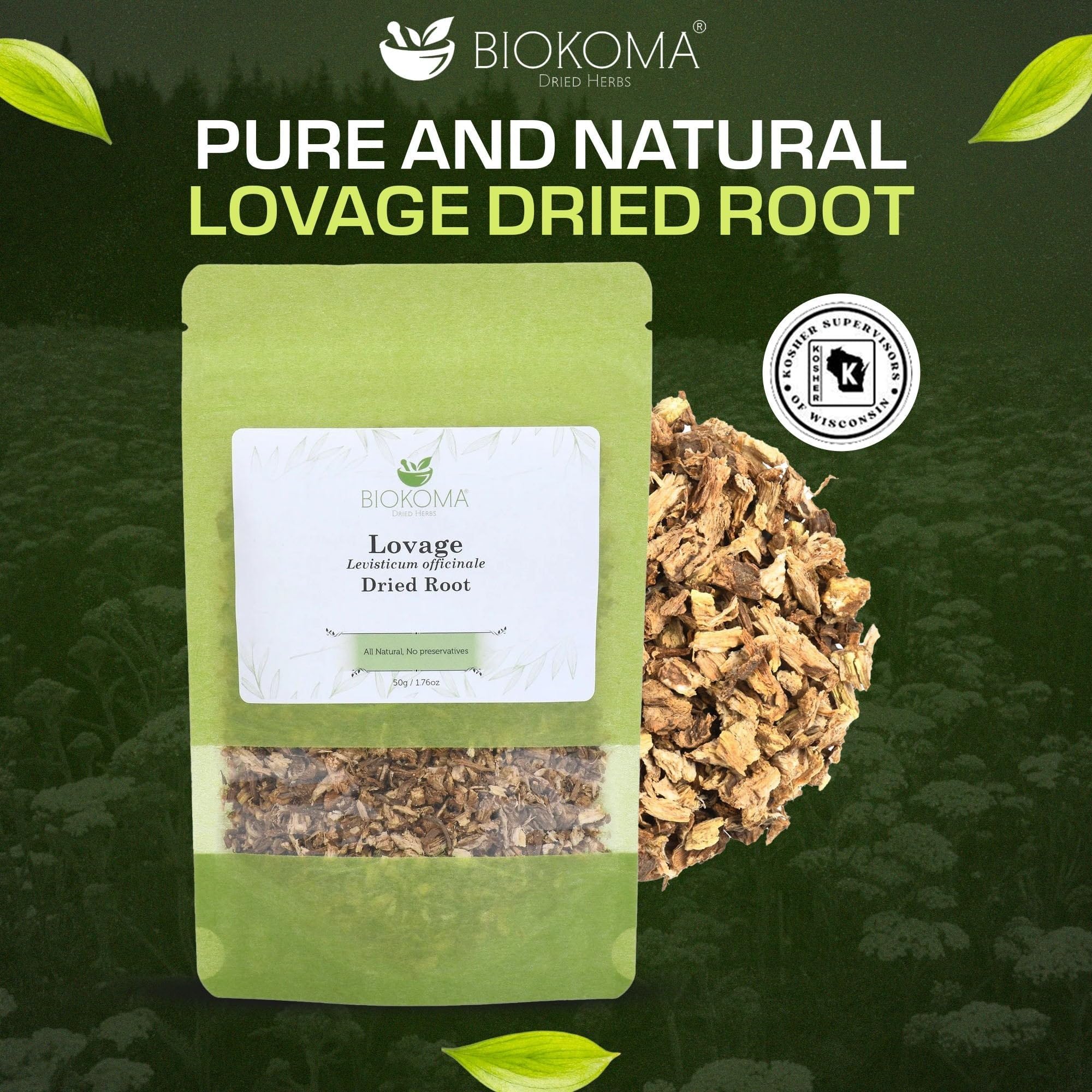 Biokoma Lovage Root 50g 1.76oz Pure Dried Cut & Sifted Levisticum Officinale Herbal Tea Tincture Digestive Wellness Culinary Use Resealable Moisture