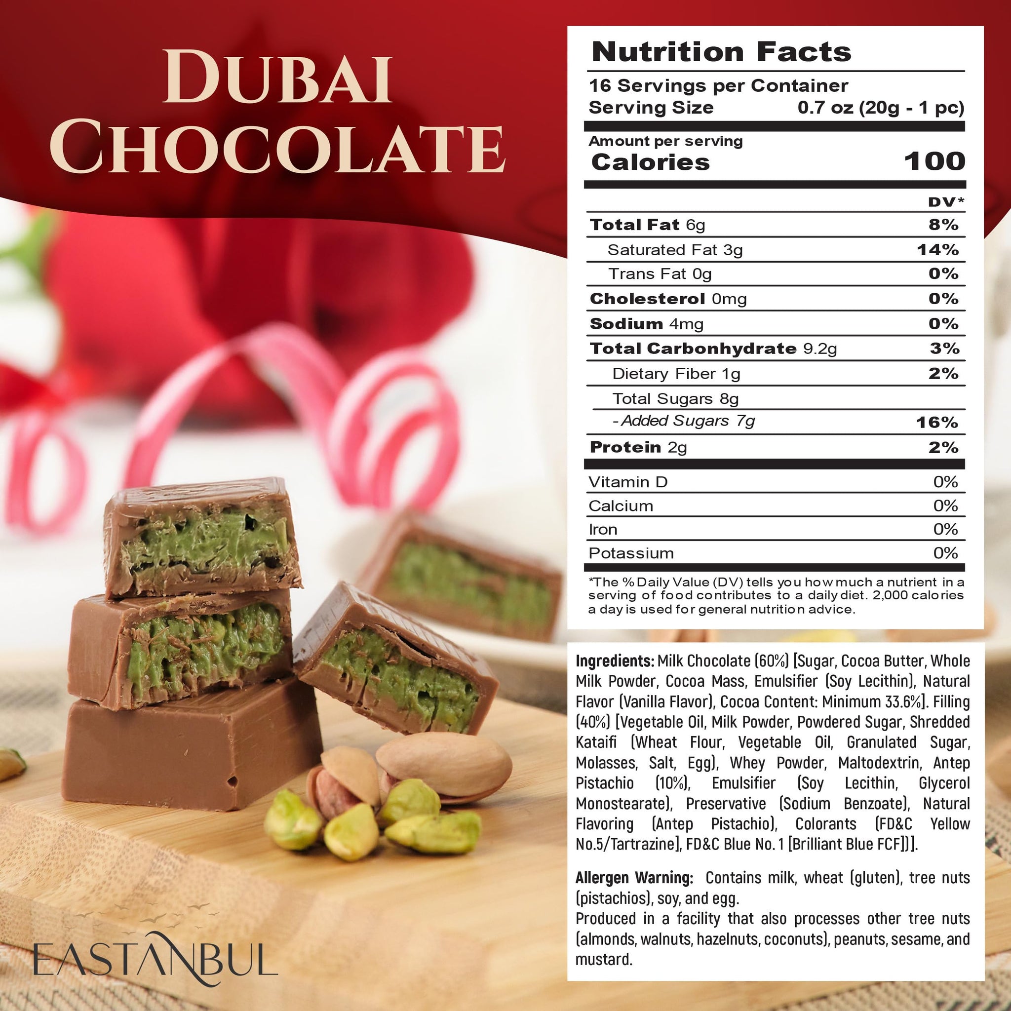Eastanbul Dubai Chocolate Bar Pistachio, 11.3oz, Premium Pistachio Dubai Chocolate Bar, 16 Pieces Bites with Shredded Phyllo Dough, Knafeh, Viral