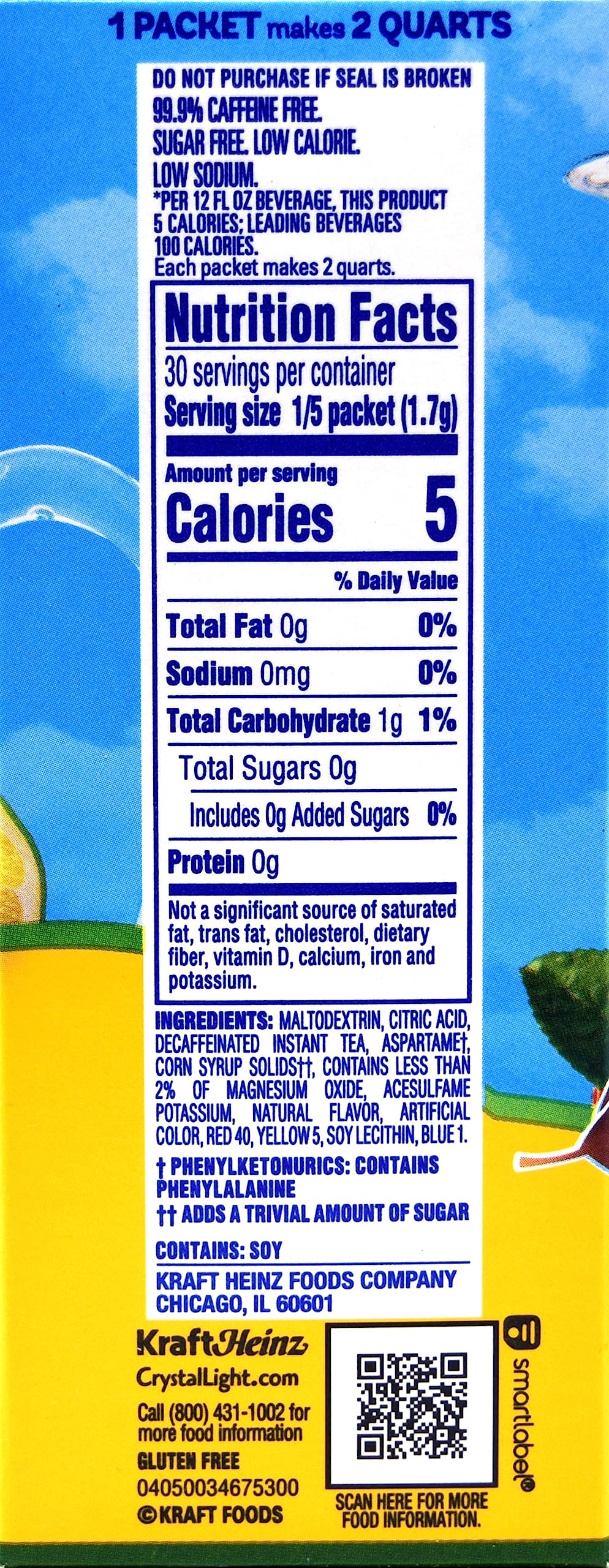 Crystal Light Decaf Lemon Iced Tea Natural Flavor Drink Mix, 12-Quart Canister (Pack of 5)