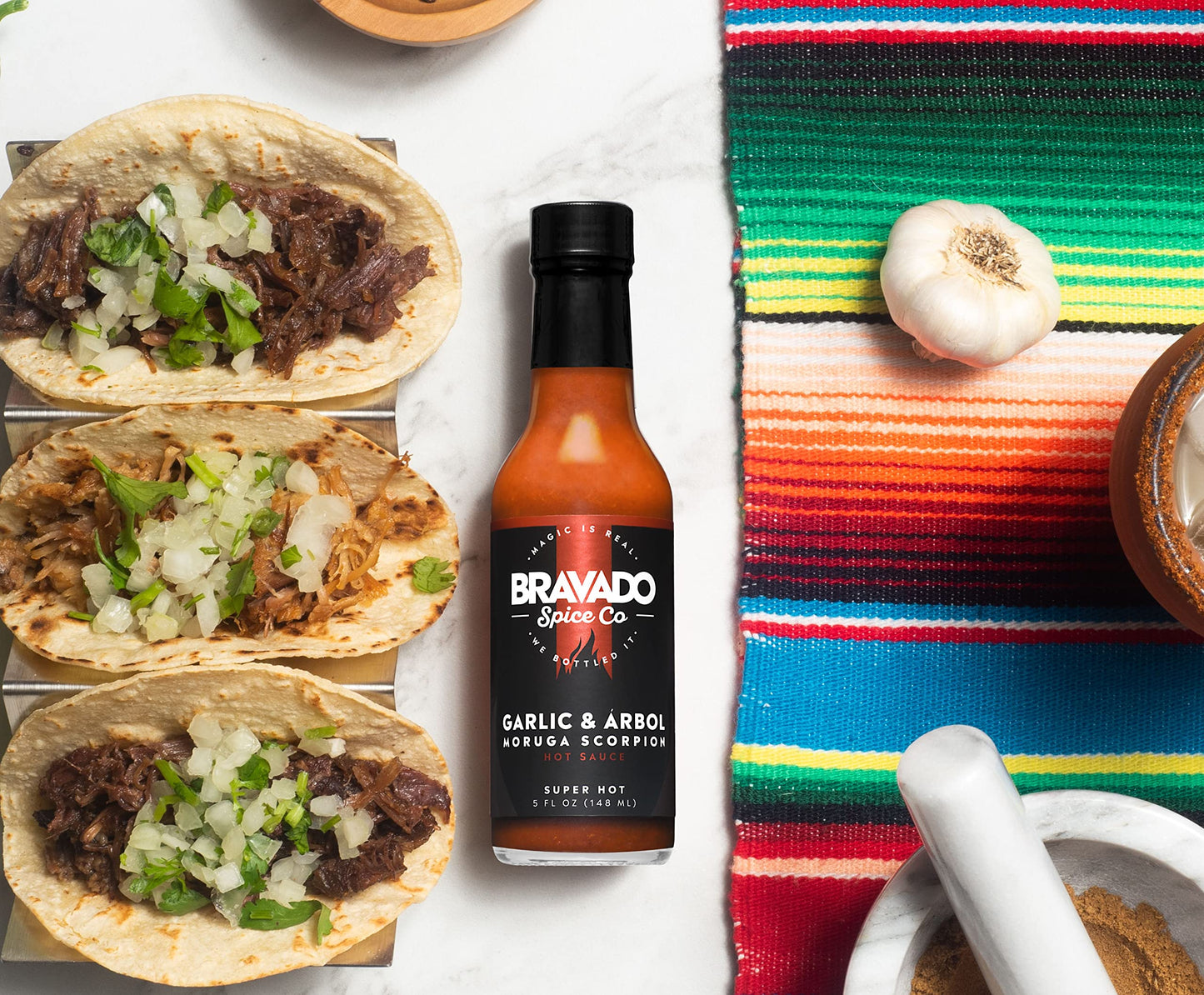Garlic and Arbol Moruga Scorpion Hot Sauce By Bravado Spice Gluten Free, Vegan, Low Carb, Paleo Hot Sauce All Natural 5 oz Hot Sauce Bottle Award