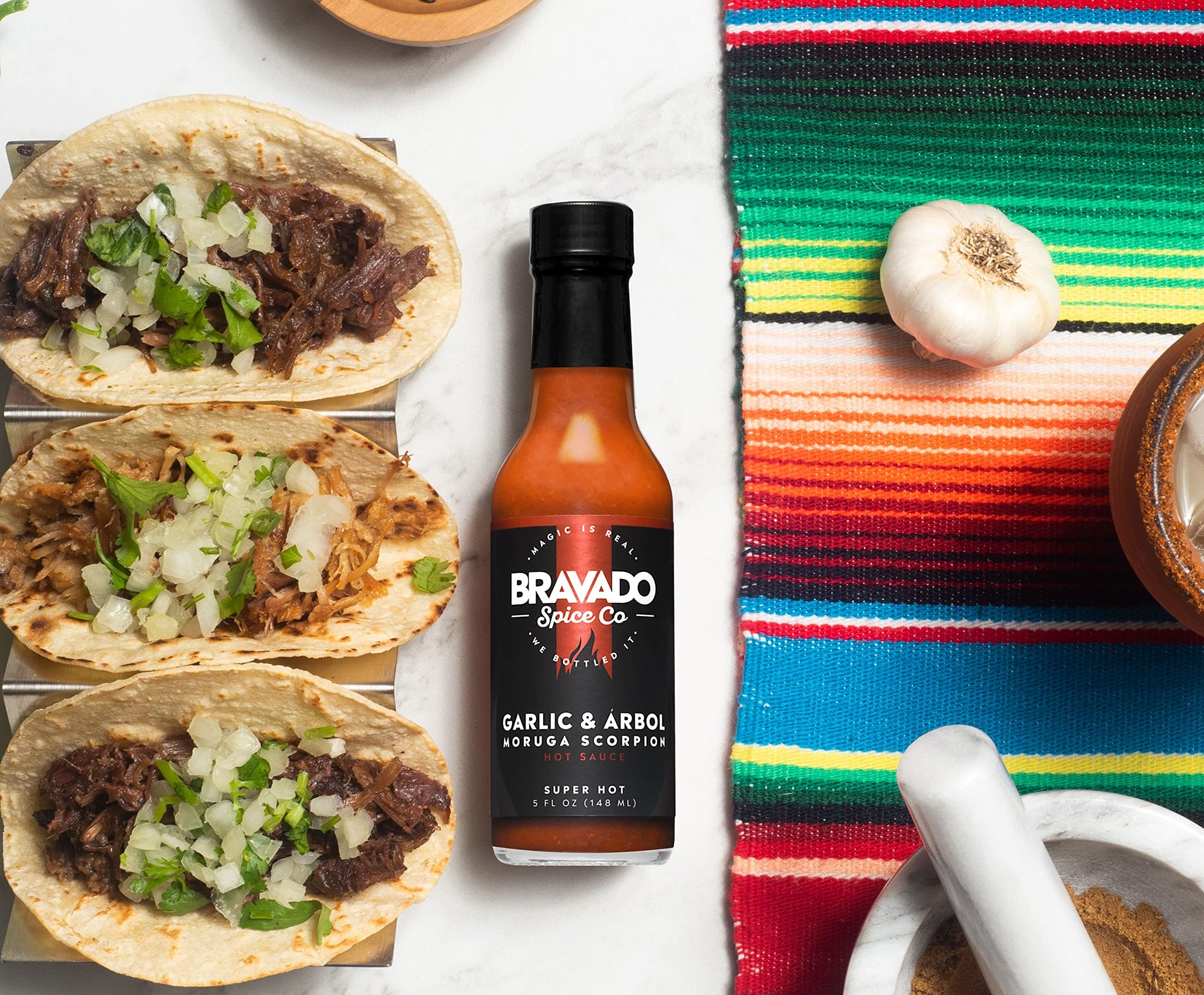 Garlic and Arbol Moruga Scorpion Hot Sauce By Bravado Spice Gluten Free, Vegan, Low Carb, Paleo Hot Sauce All Natural 5 oz Hot Sauce Bottle Award