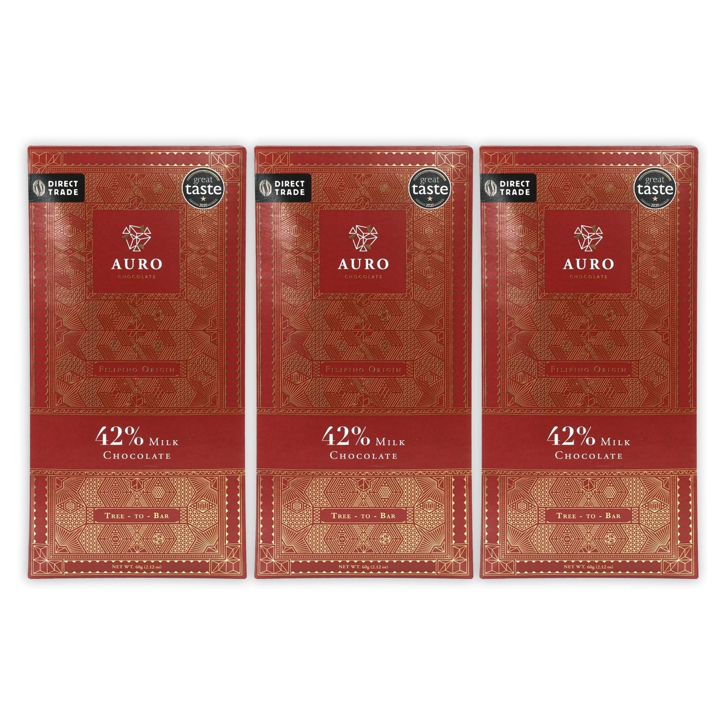 Auro 42% Milk Chocolate 3 Pack - Filipino Chocolate - Premium, Made At Origin, Direct Trade, Bean-to-Bar, Woman Owned, BIPOC Owned - Gluten-Free