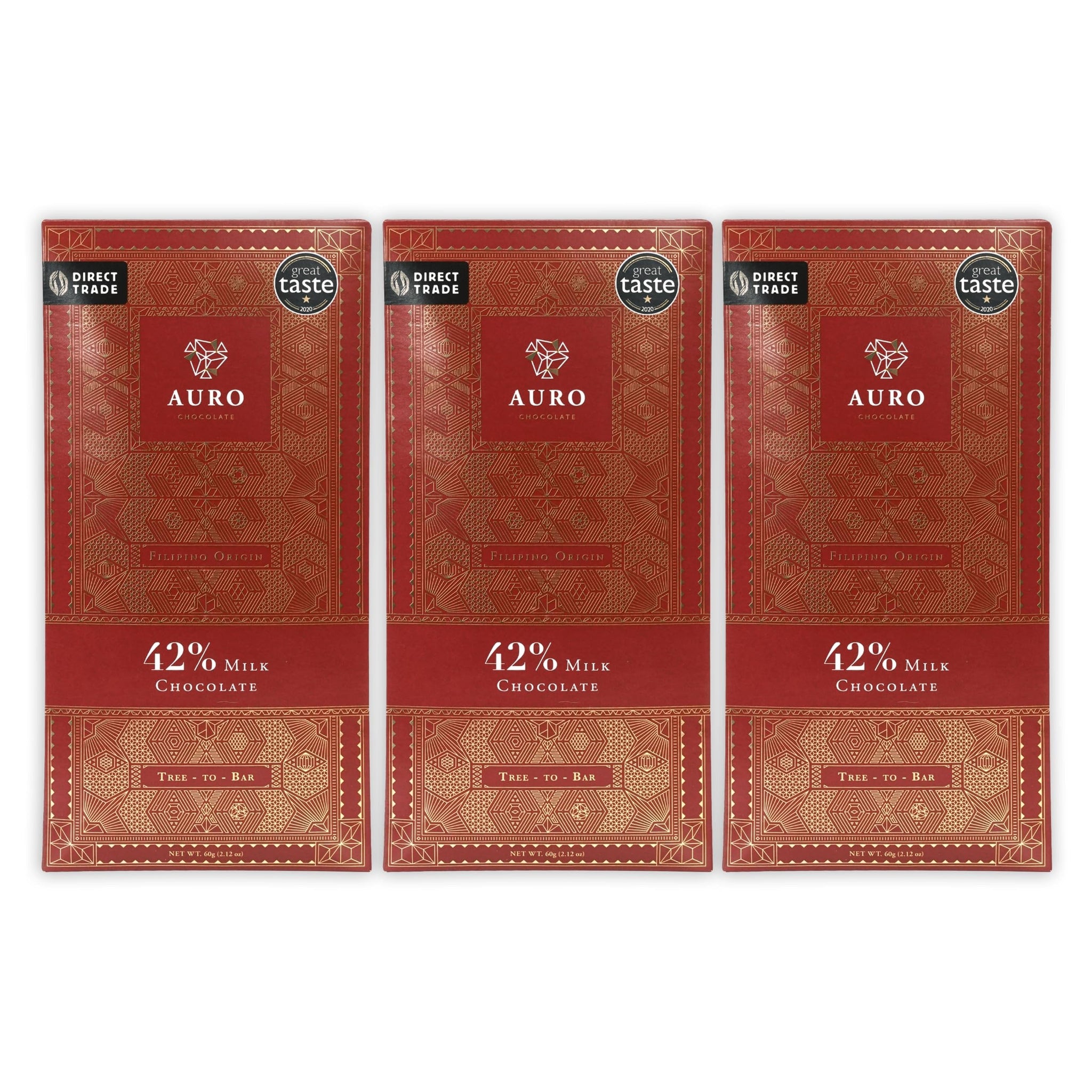 Auro 42% Milk Chocolate 3 Pack - Filipino Chocolate - Premium, Made At Origin, Direct Trade, Bean-to-Bar, Woman Owned, BIPOC Owned - Gluten-Free