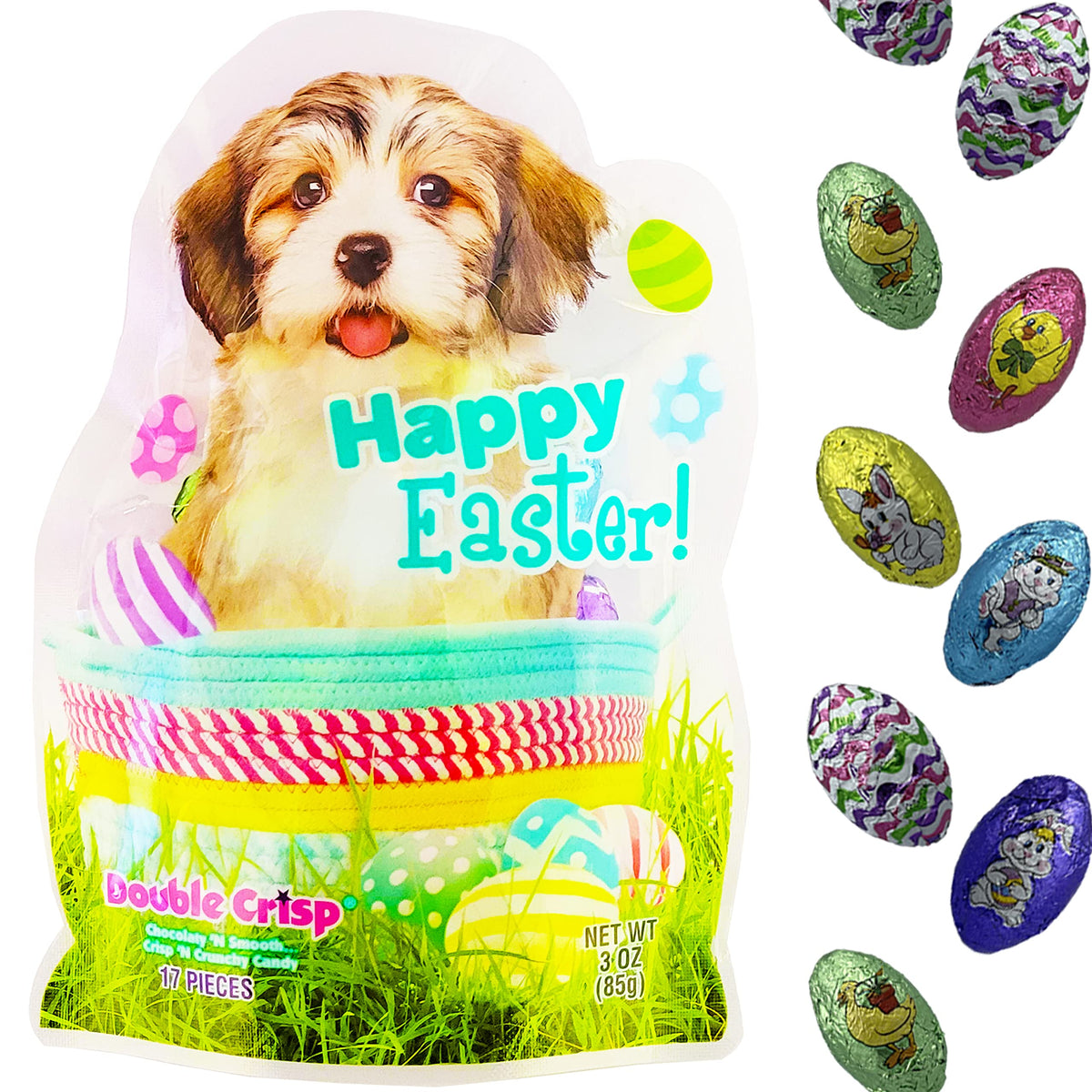 Fruidles Easter Puppy Double Crisp Eggs, Happy Easter Day Eggs, Party Bag Fillers, Individually Wrapped Foils, Kosher Certified (6-Pack Variety)