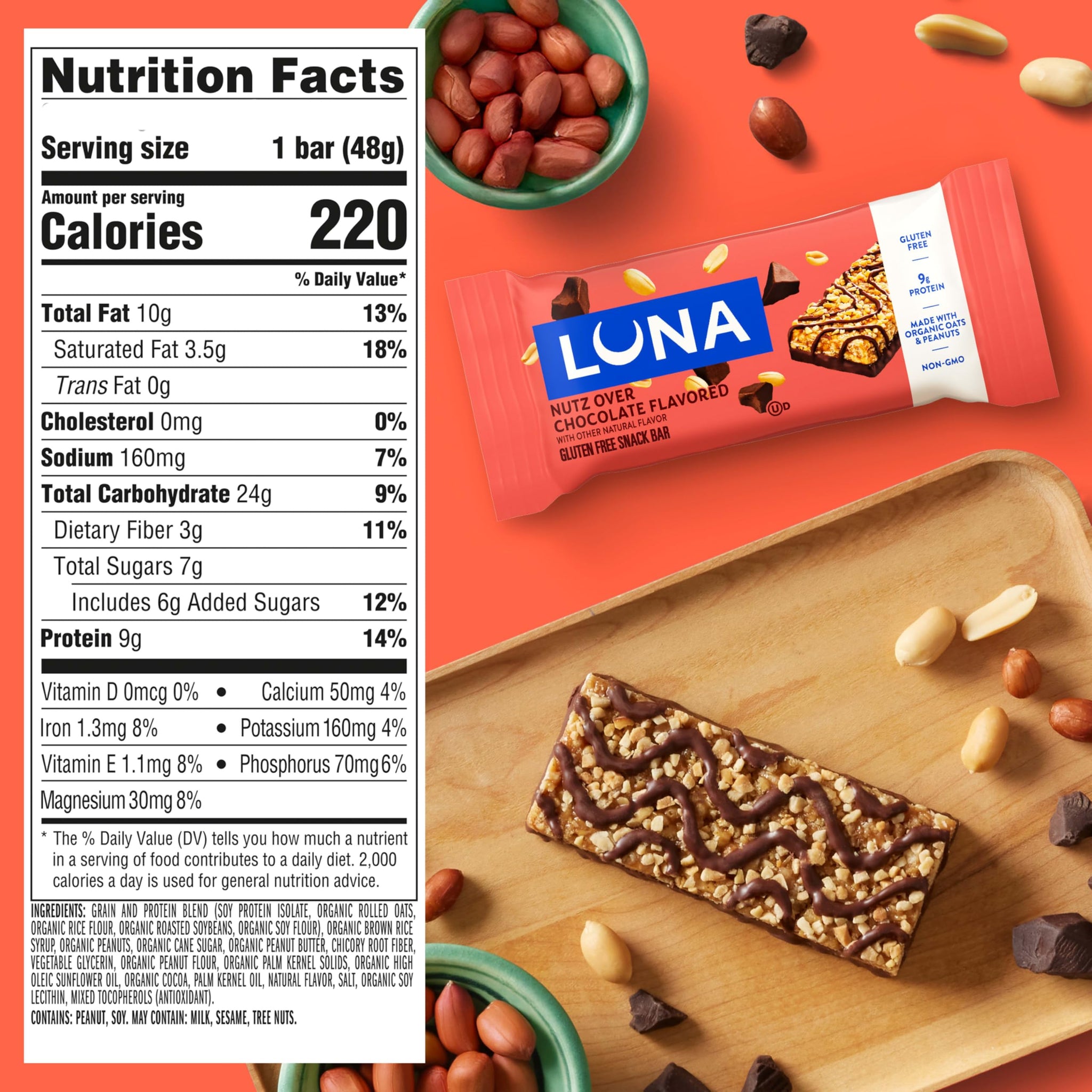 LUNA Bar - Nutz Over Chocolate Flavor - Snack Bars - Non-GMO - Gluten-Free Protein Bars - Made with Organic Oats (1 Count)